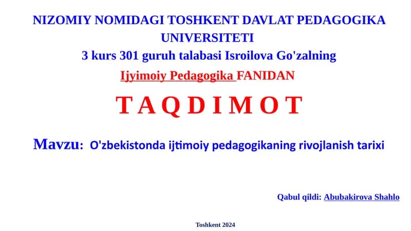 O'zbekistonda ijtimoiy pedagogikaning rivojlanish tarixi