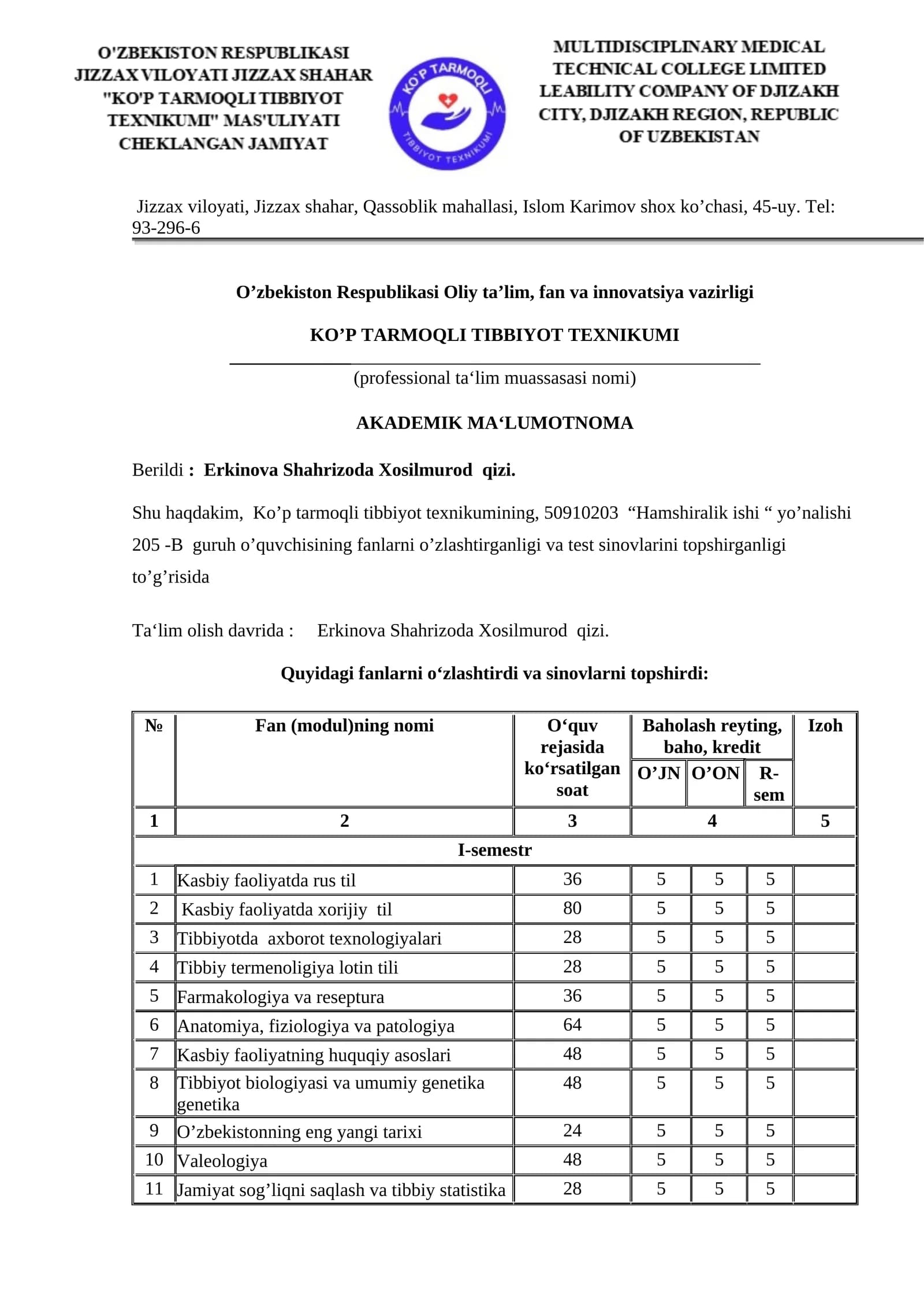 AKADEMIK MA‘LUMOTNOMA