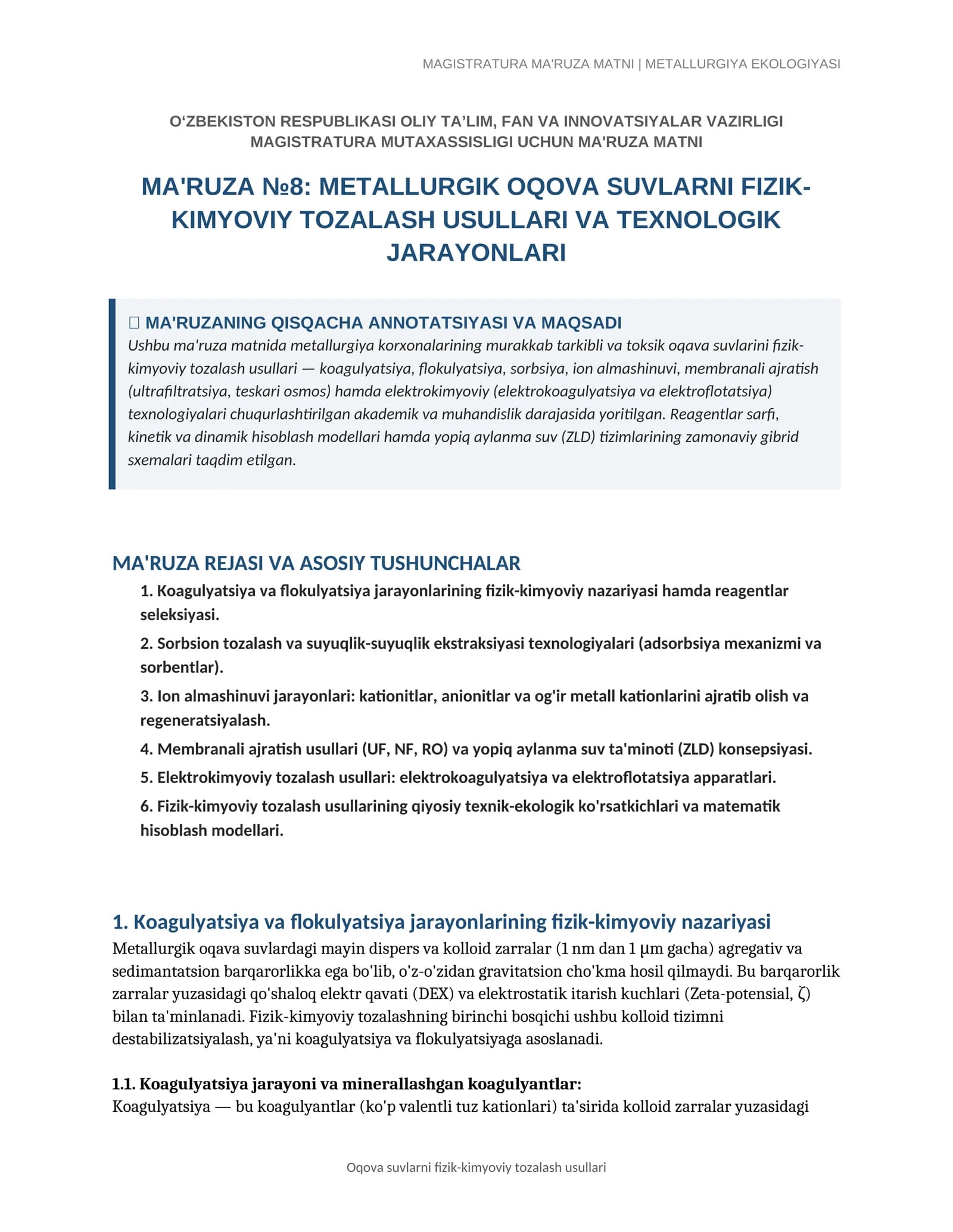 MAGISTRATURA MA'RUZA MATNI | METALLURGIYA EKOLOGIYASI