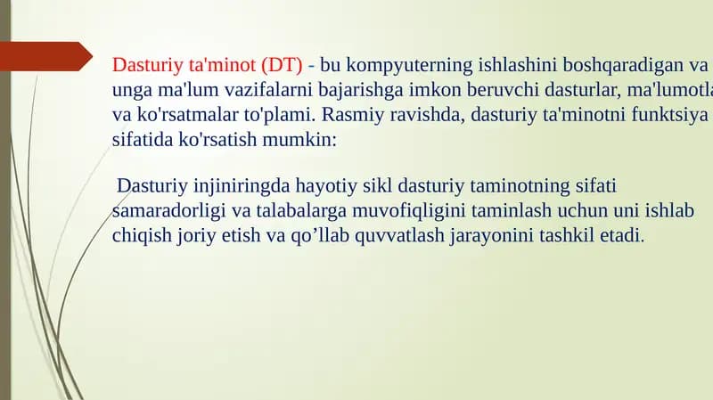 DASTURIY TA’MINOTNING HAYOTIY TAHLILI