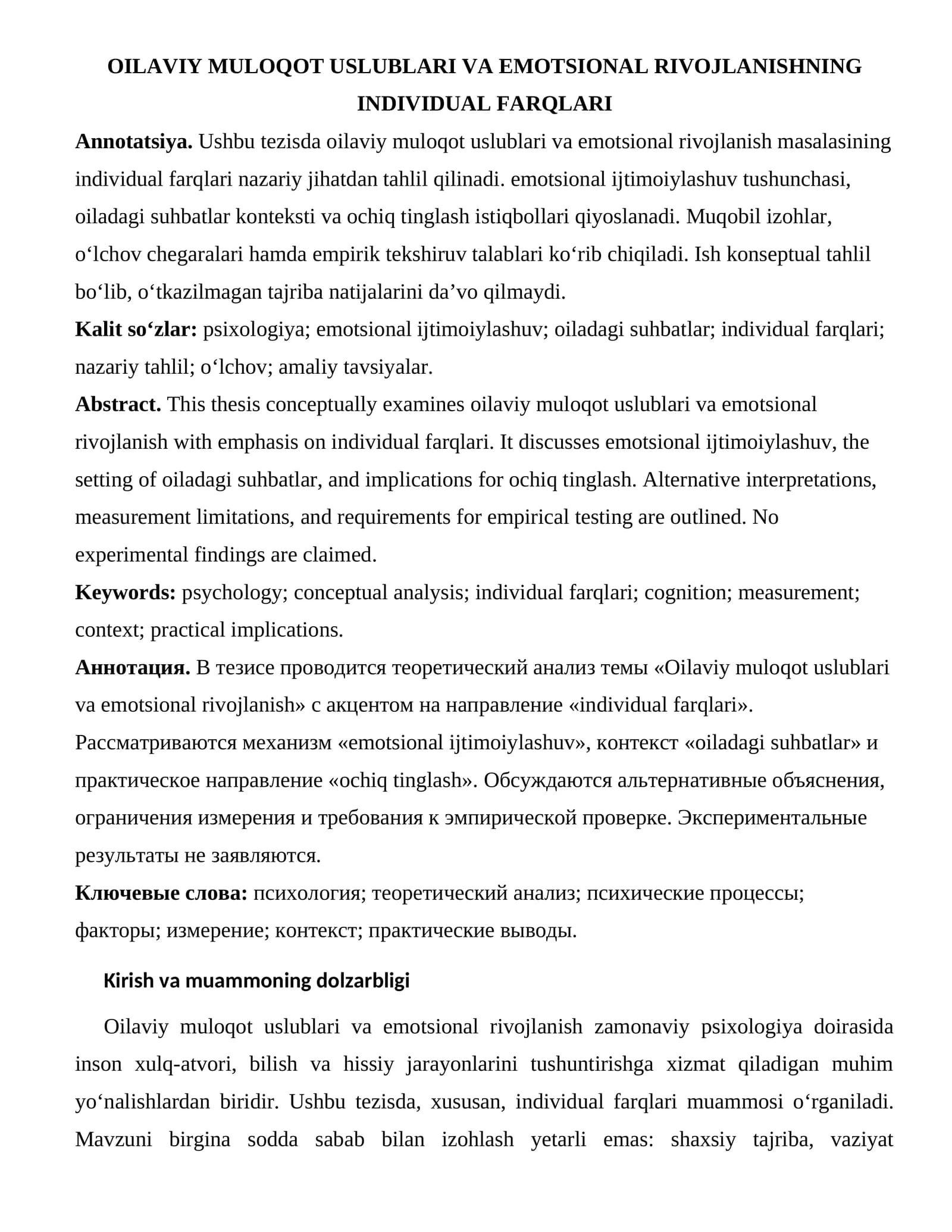 OILAVIY MULOQOT USLUBLARI VA EMOTSIONAL RIVOJLANISHNING INDIVIDUAL FARQLARI