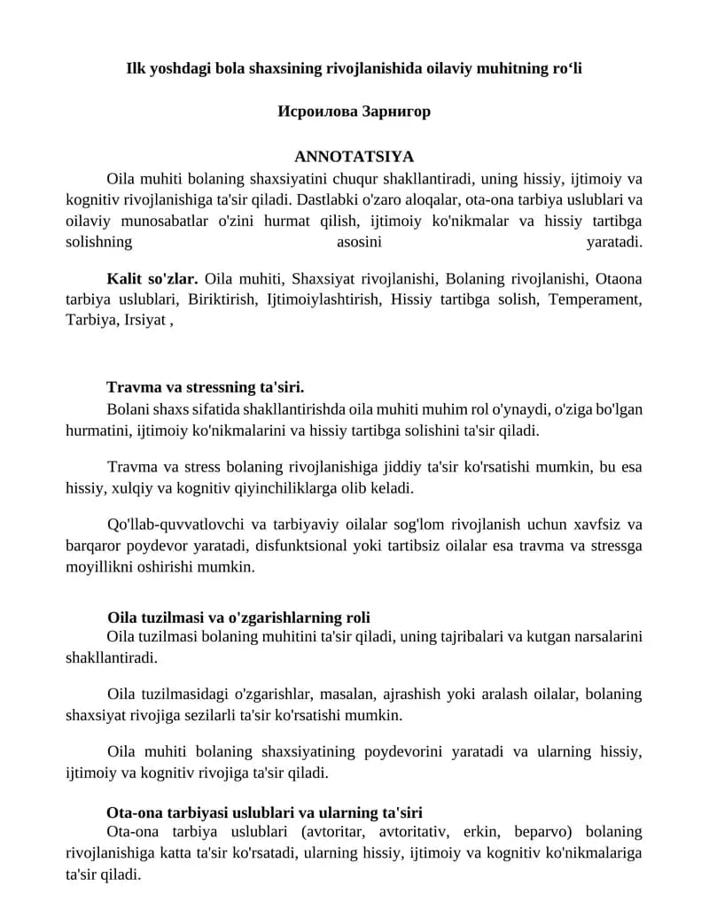 Ilk yoshdagi bola shaxsining rivojlanishida oilaviy muhitning roʻli