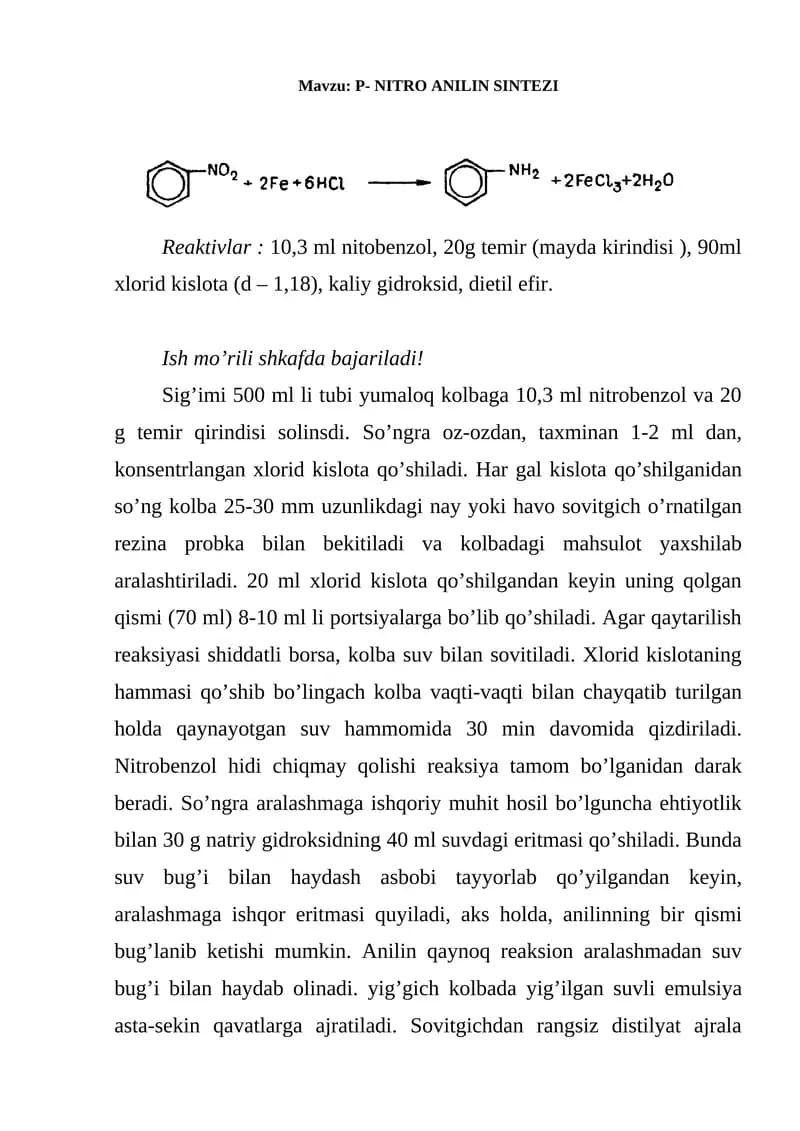 P- NITRO ANILIN SINTEZI
