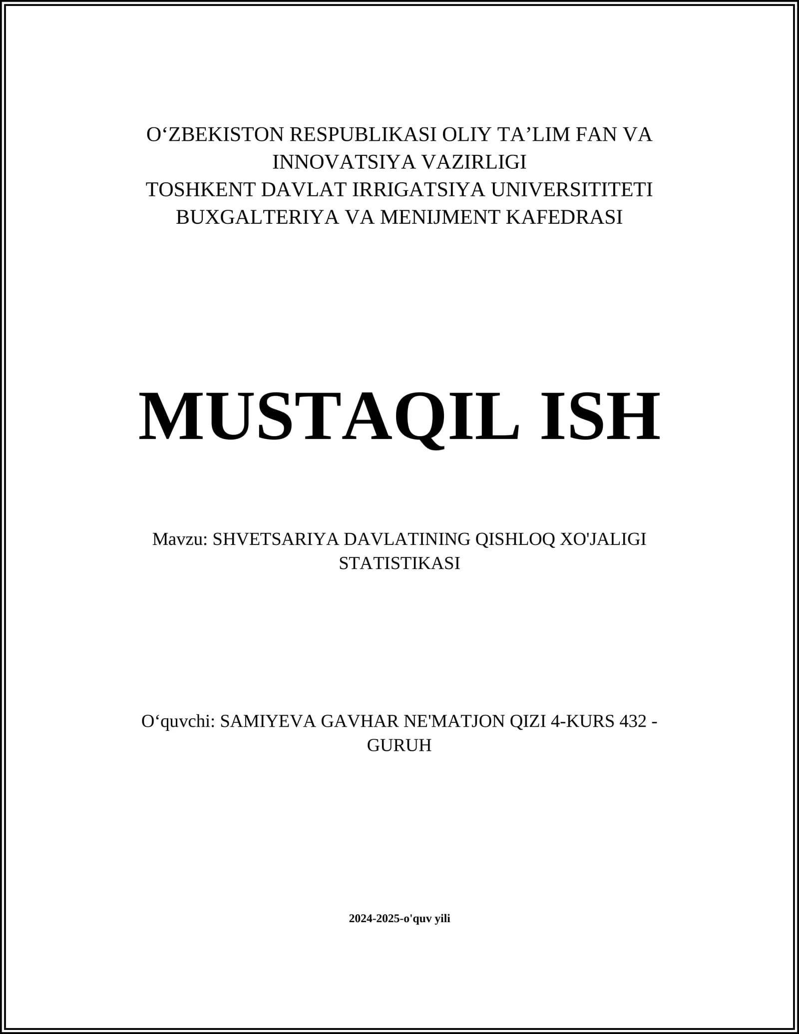 SHVETSARIYA DAVLATINING QISHLOQ XO'JALIGI STATISTIKASI