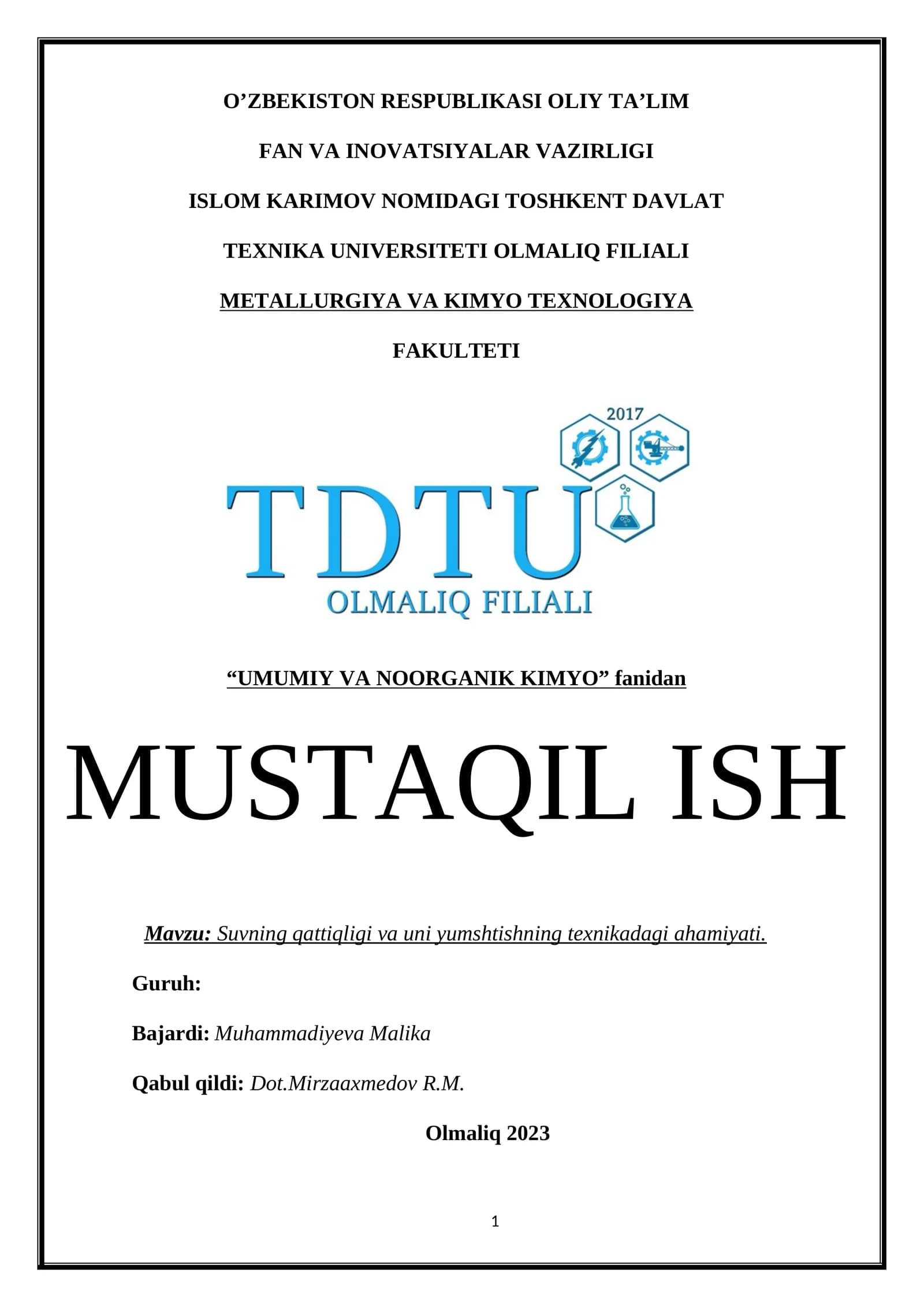 Umumiy va noorganik kimyo fanidan mustaqil ish