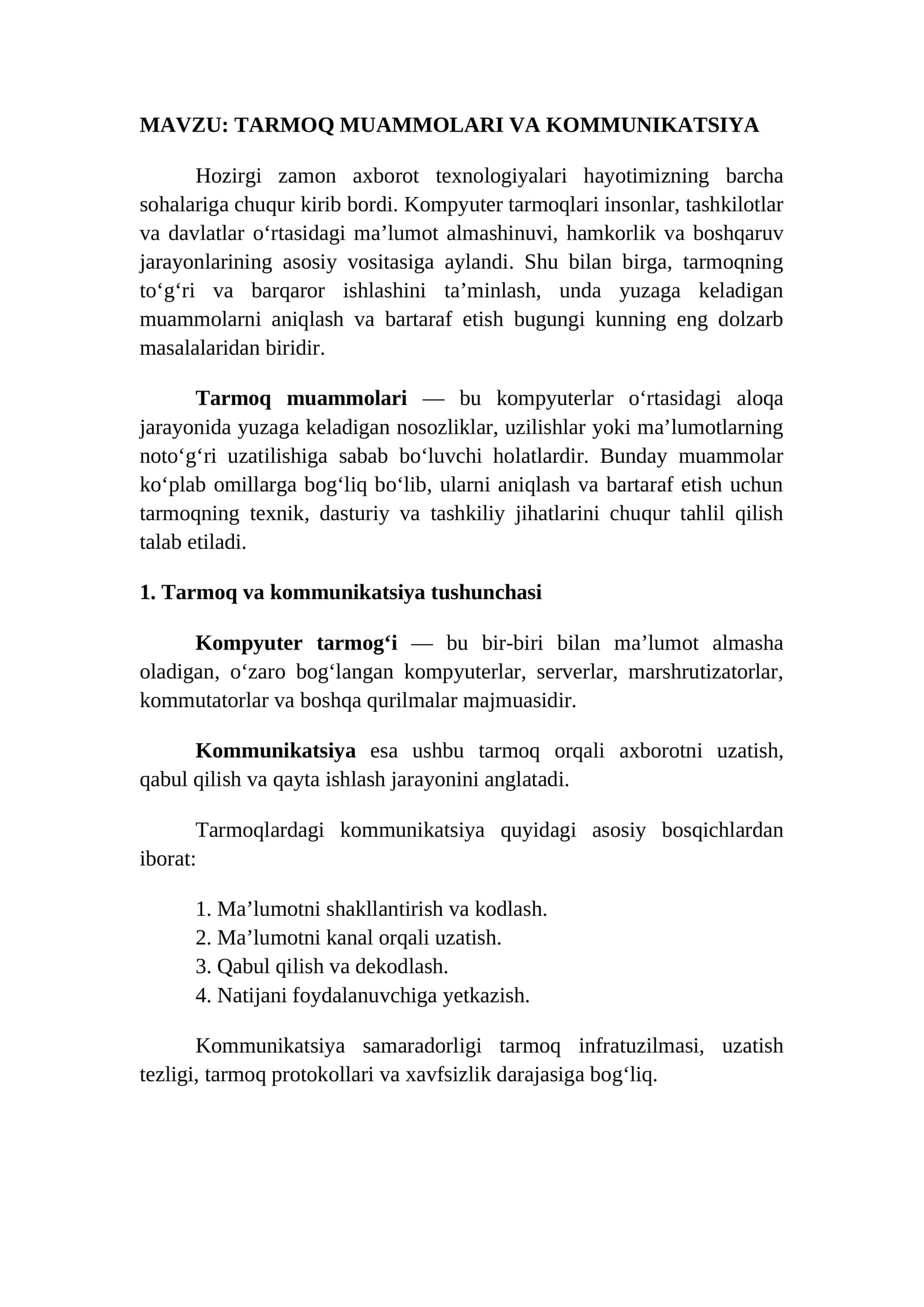 TARMOQ MUAMMOLARI VA KOMMUNIKATSIYA