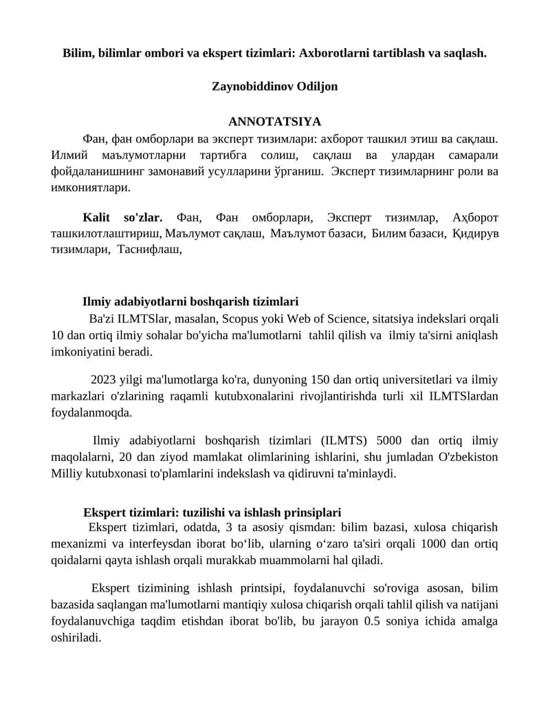 Ekspert tizimlari va ilmiy adabiyotlar boshqarish