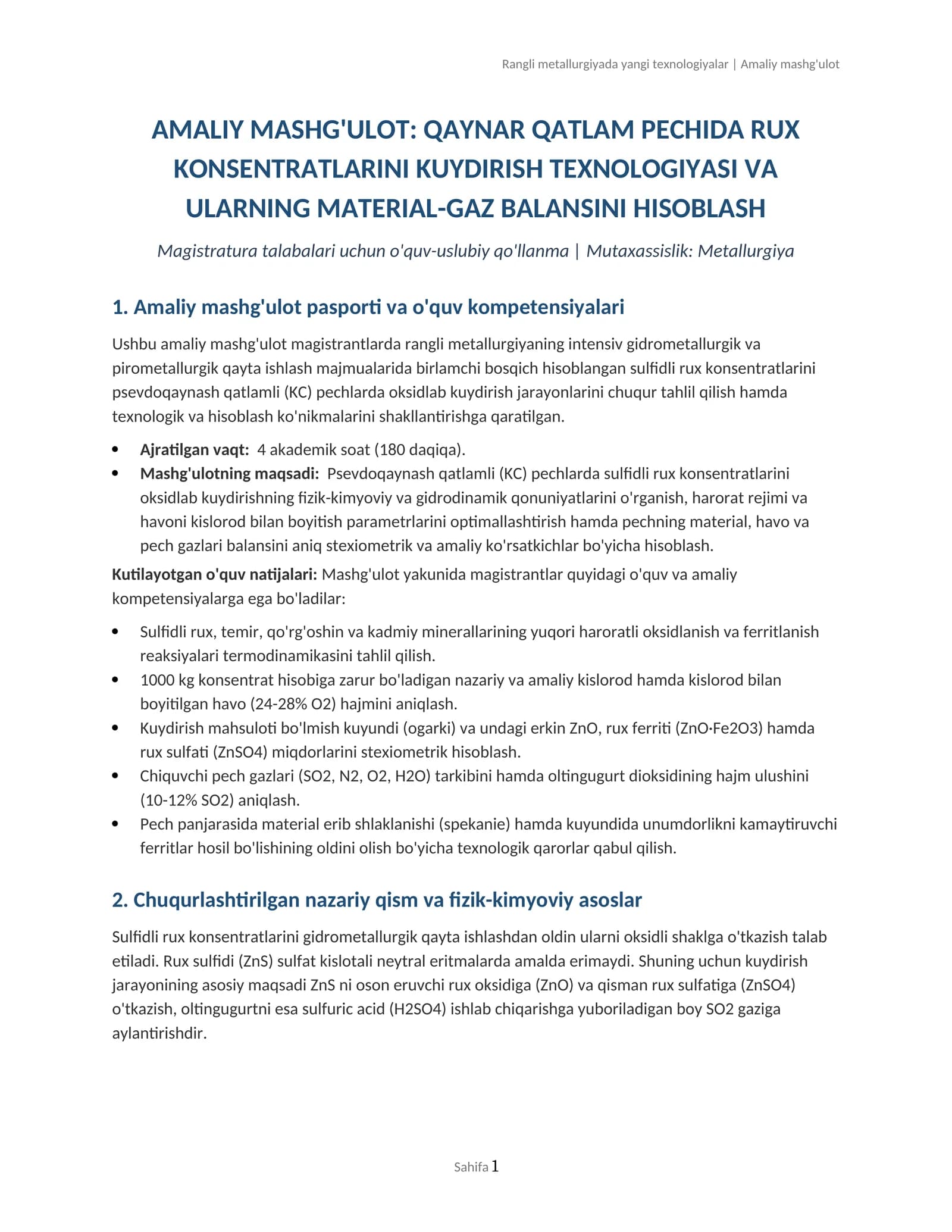 Rux konsentratlarini kuydirish texnologiyasi