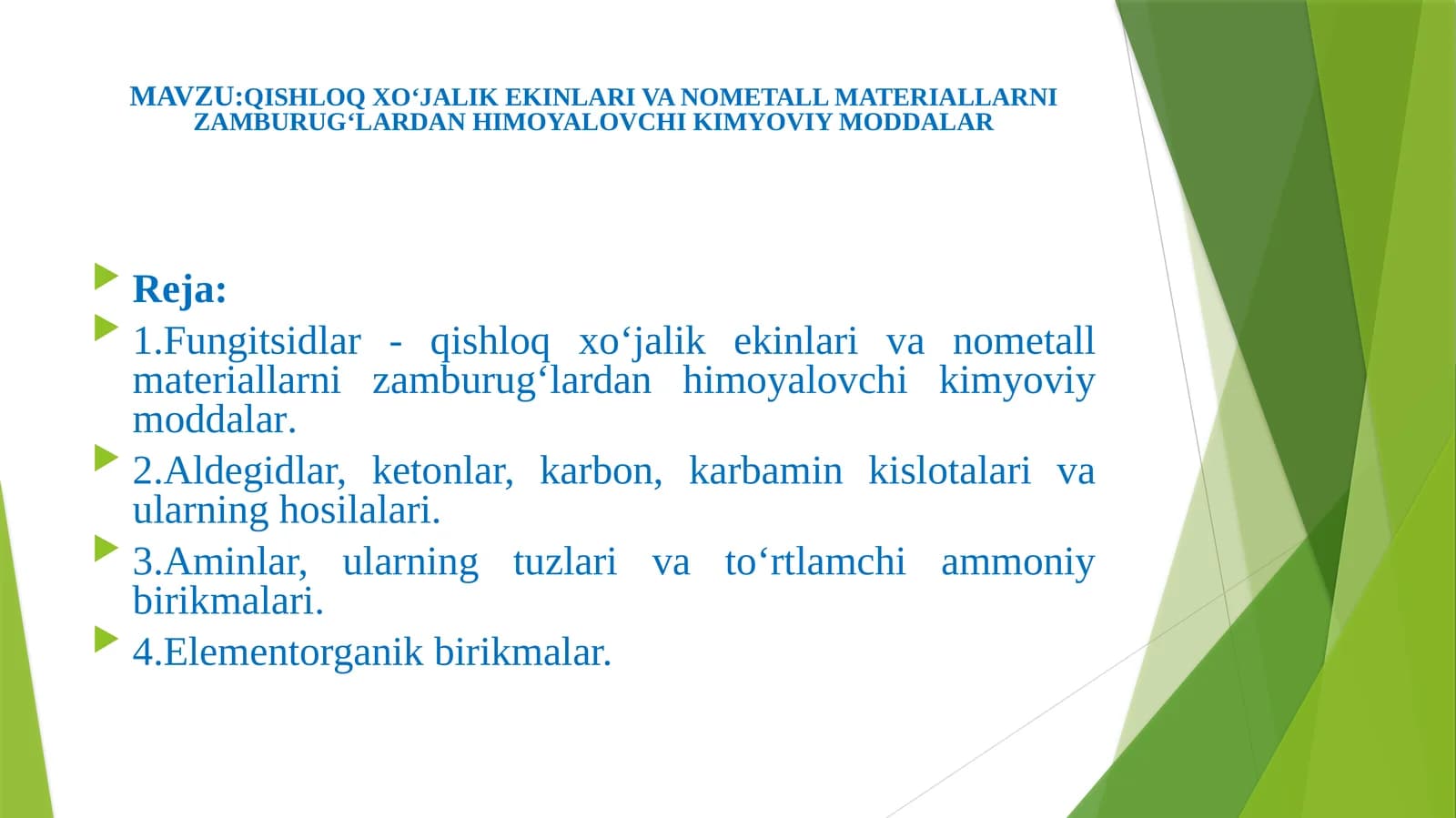 QISHLOQ XO‘JALIK EKINLARI VA NOMETALL MATERIALLARNI ZAMBURUG‘LARDAN HIMOYALOVCHI KIMYOVIY MODDALAR