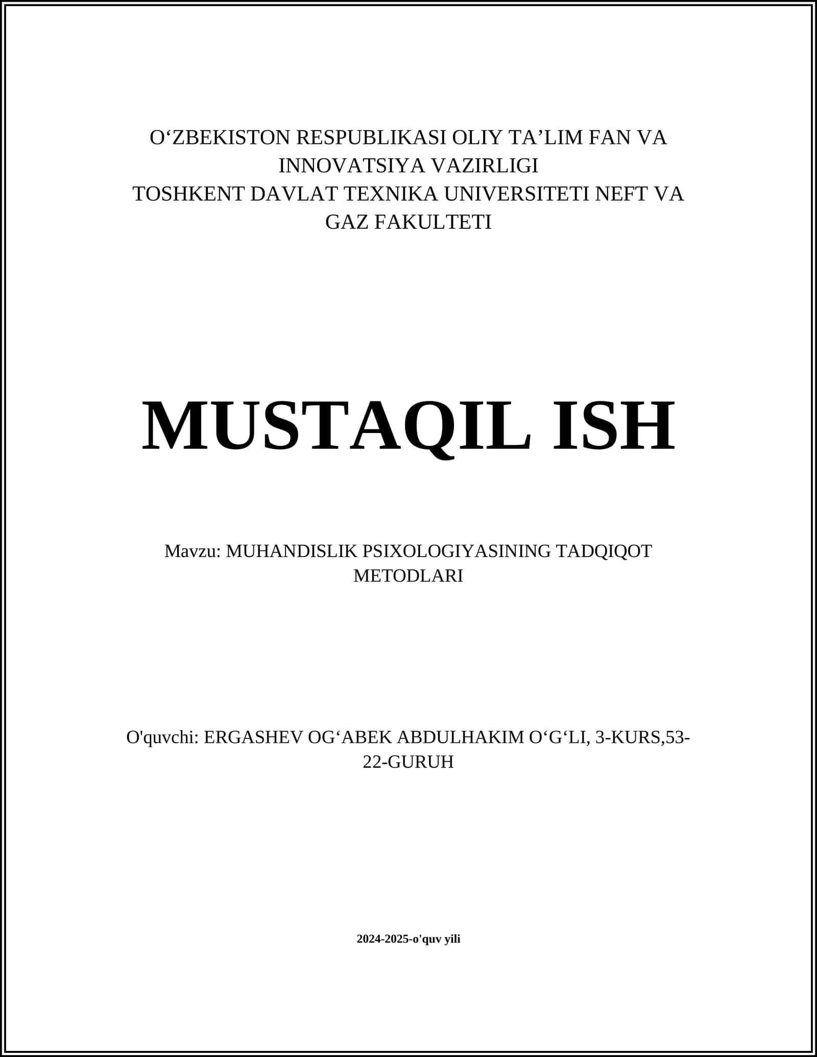MUHANDISLIK PSIXOLOGIYASINING TADQIQOT METODLARI
