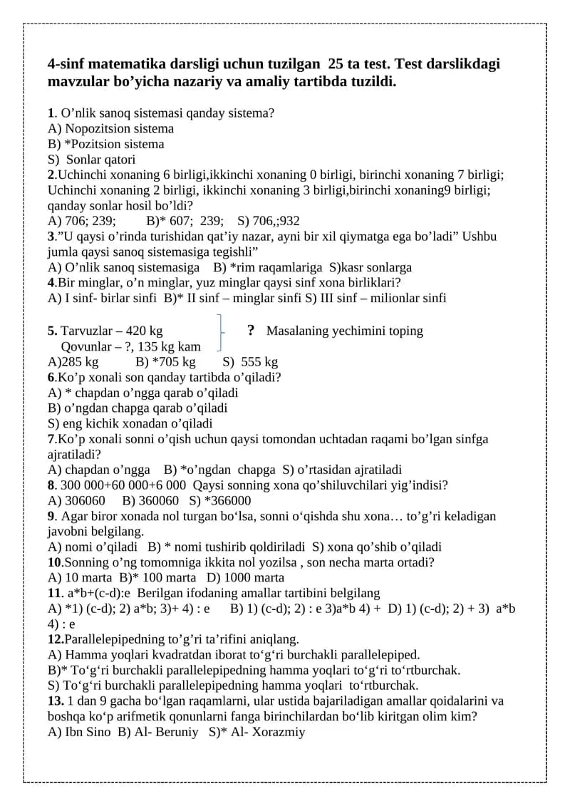 4-sinf matematika darsligi uchun tuzilgan 25 ta test