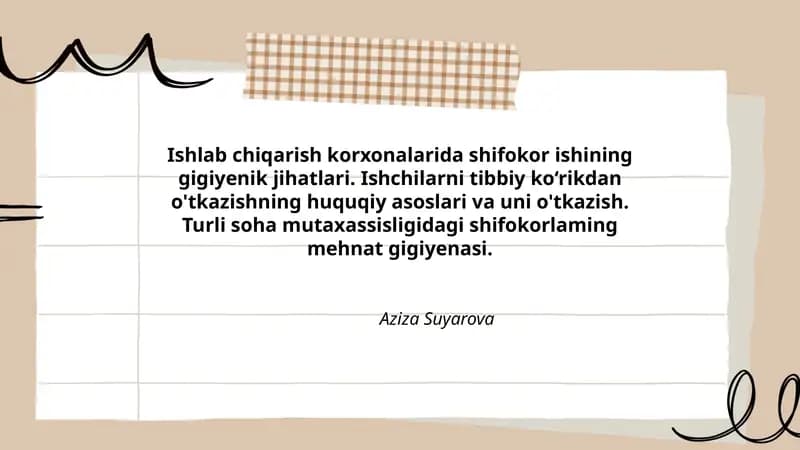 Turli soha mutaxassisligidagi shifokorlaming mehnat gigiyenasi