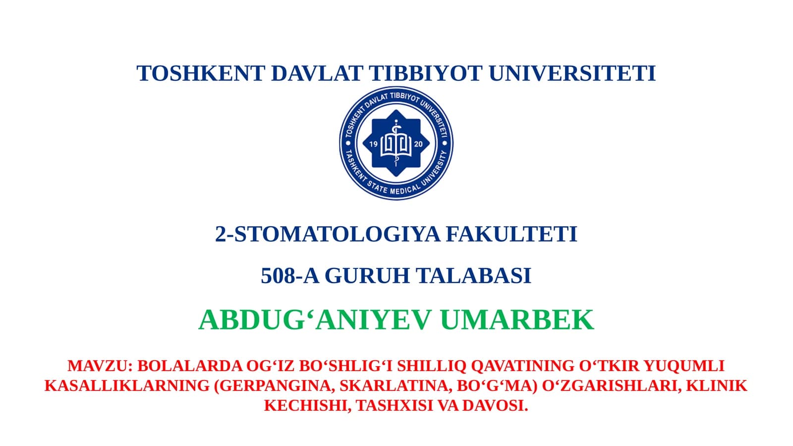BOLALARDA OG‘IZ BO‘SHLIG‘I SHILLIQ QAVATINING O‘TKIR YUQUMLI KASALLIKLARNING (GERPANGINA, SKARLATINA, BO‘G‘MA) O‘ZGARISHLARI, KLINIK KECHISHI, TASHXISI VA DAVOSI