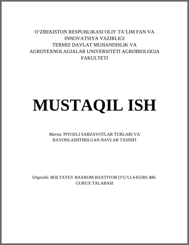PIYOZLI SABZAVOTLAR TURLARI VA RAYONLASHTIRILGAN NAVLAR TASNIFI