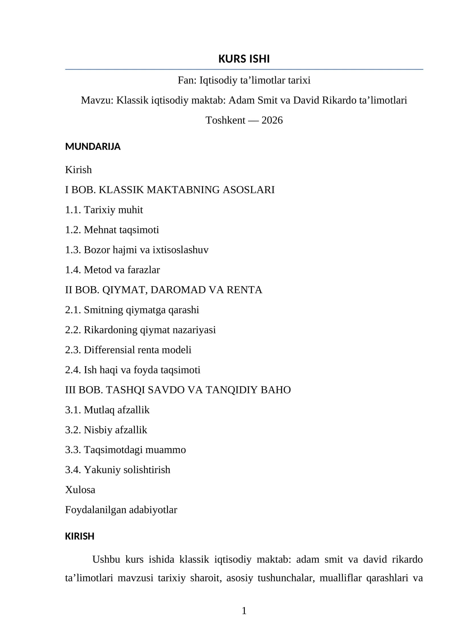 Klassik iqtisodiy maktab: Adam Smit va David Rikardo ta’limotlari