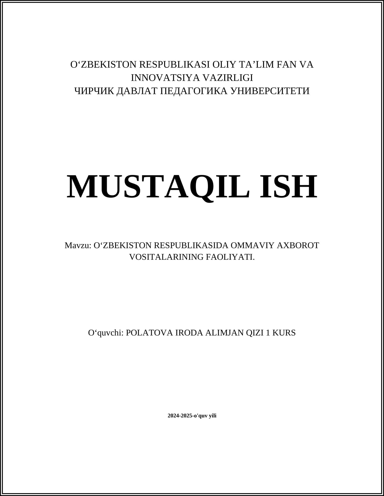 O‘ZBEKISTON RESPUBLIKASIDA OMMAVIY AXBOROT VOSITALARINING FAOLIYATI