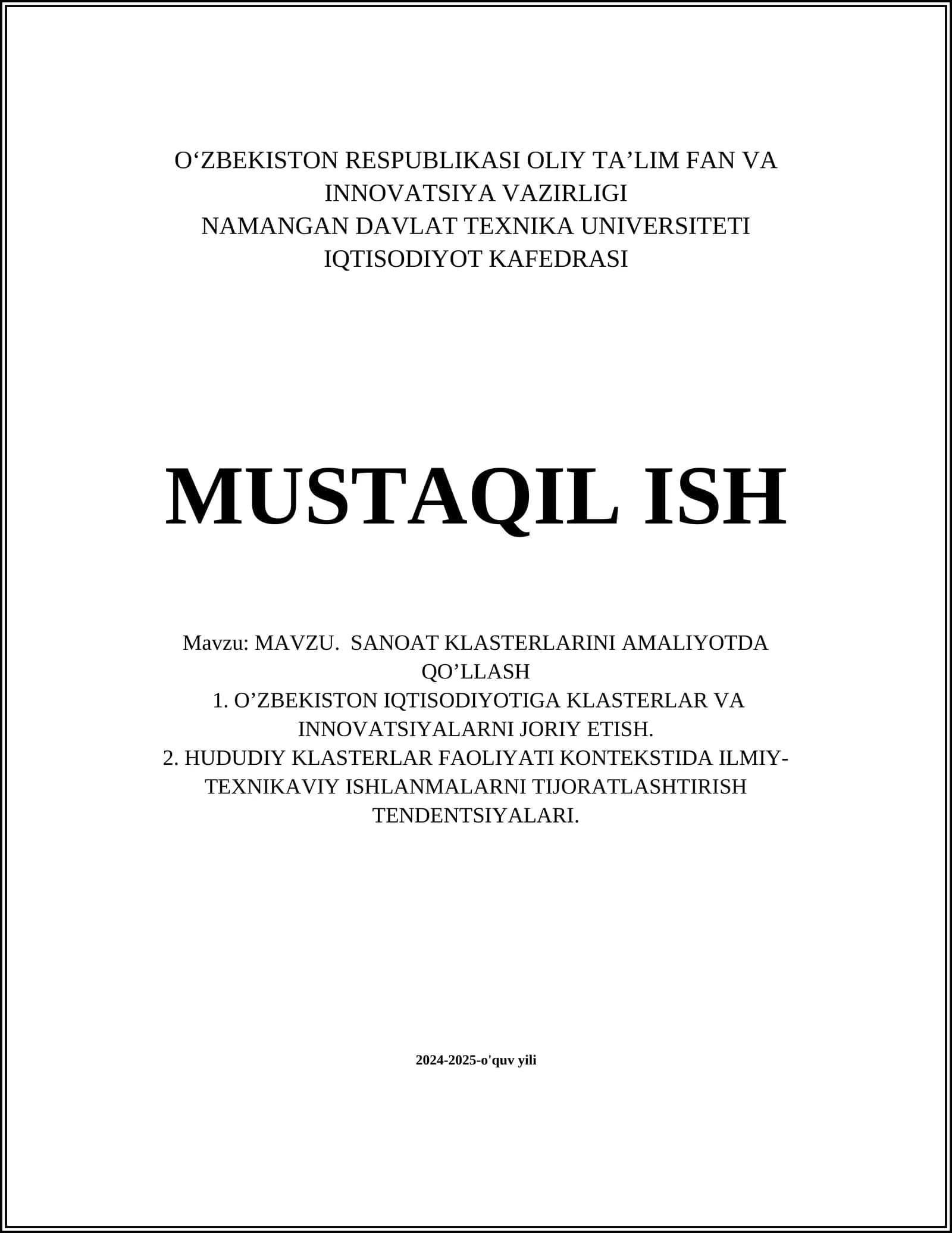 SANOAT KLASTERLARINI AMALIYOTDA QO’LLASH