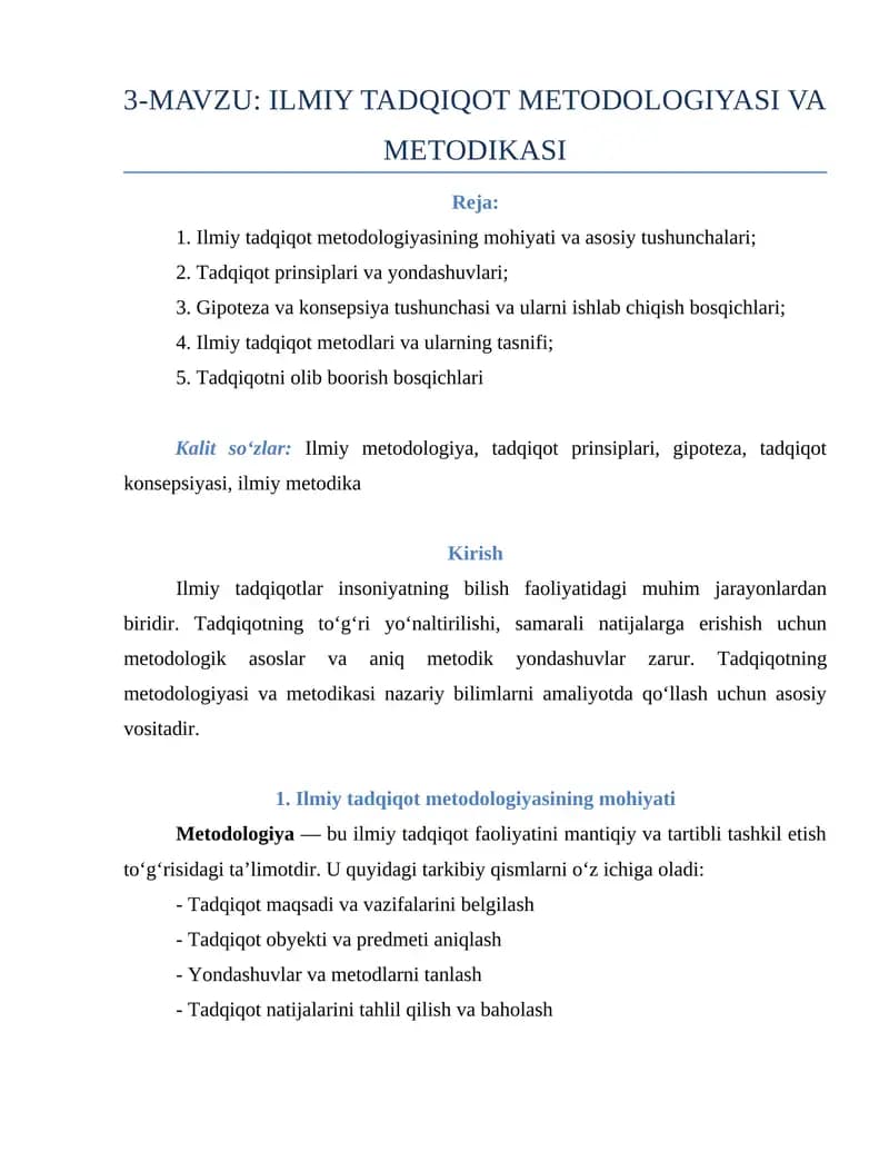 ILMIY TADQIQOT METODOLOGIYASI VA METODIKASI
