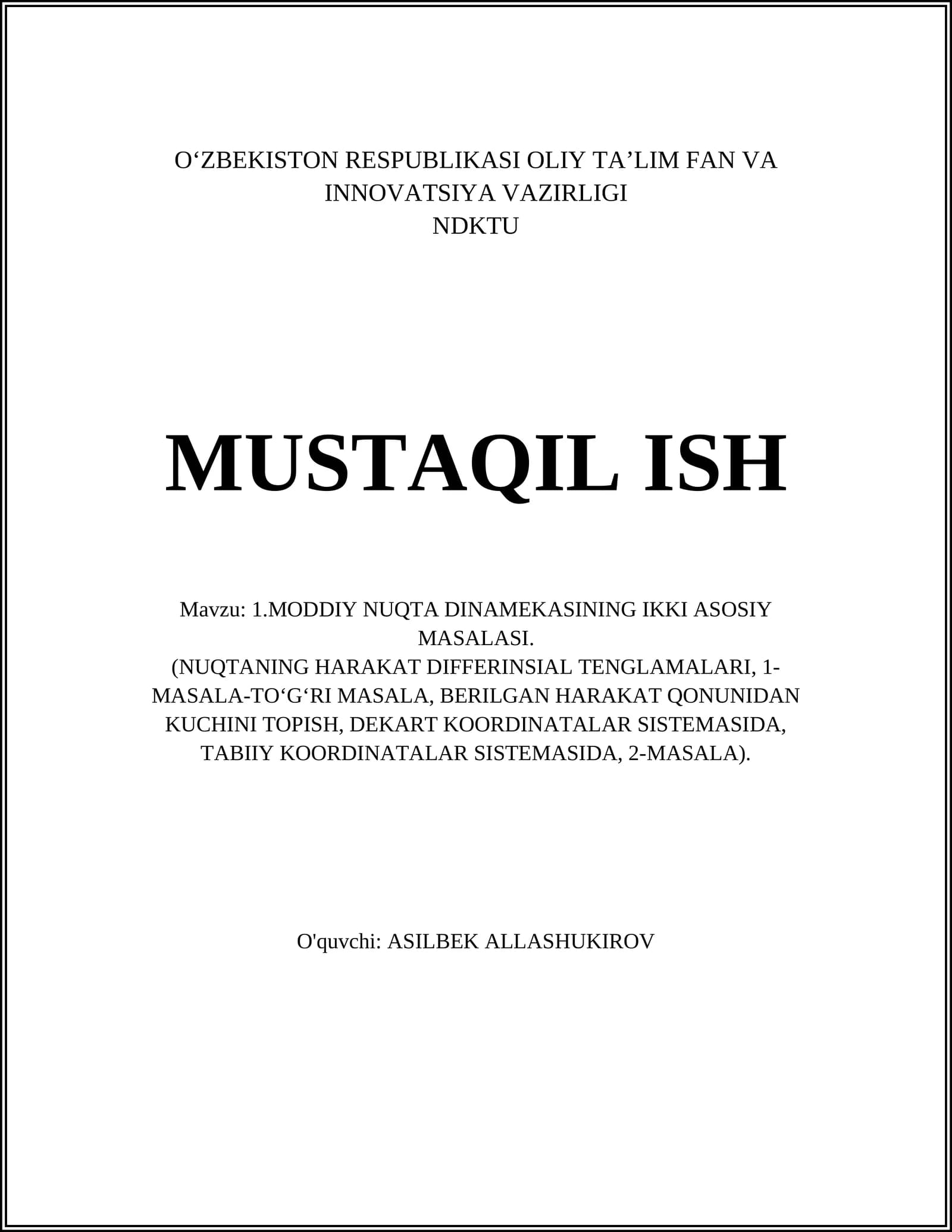MODDIY NUQTA DINAMEKASINING IKKI ASOSIY MASALASI