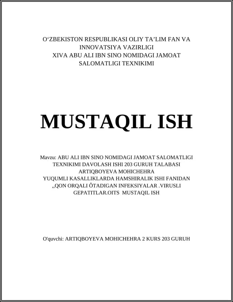 ABU ALI IBN SINO NOMIDAGI JAMOAT SALOMATLIGI TEXNIKIMI DAVOLASH ISHI