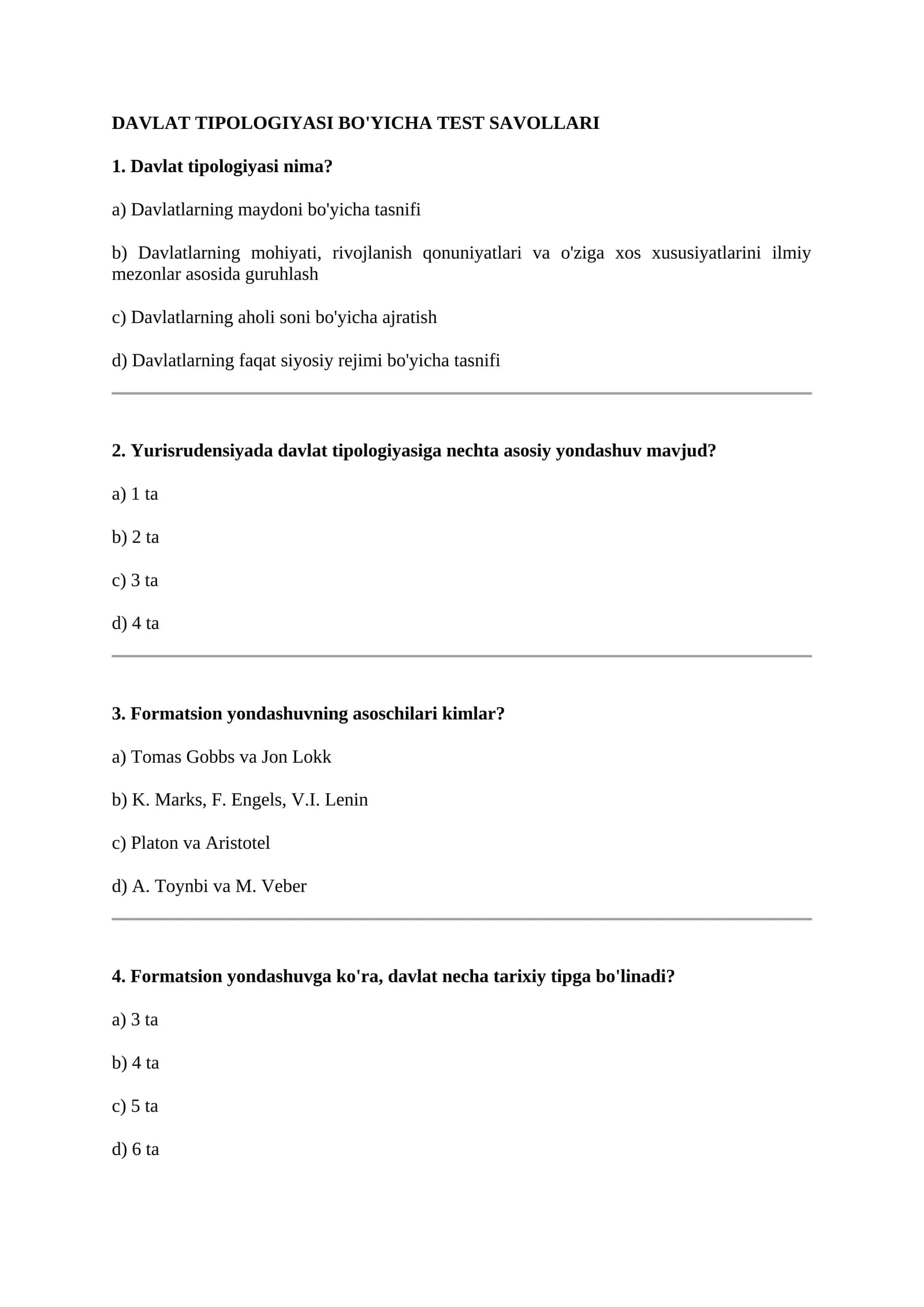 Davlat Tipologiyasi Bo'yicha Test Savollari
