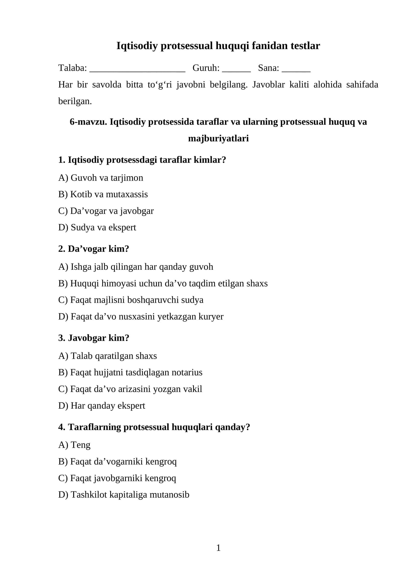 Iqtisodiy protsessida taraflar va ularning protsessual huquq va majburiyatlari TEST.docx