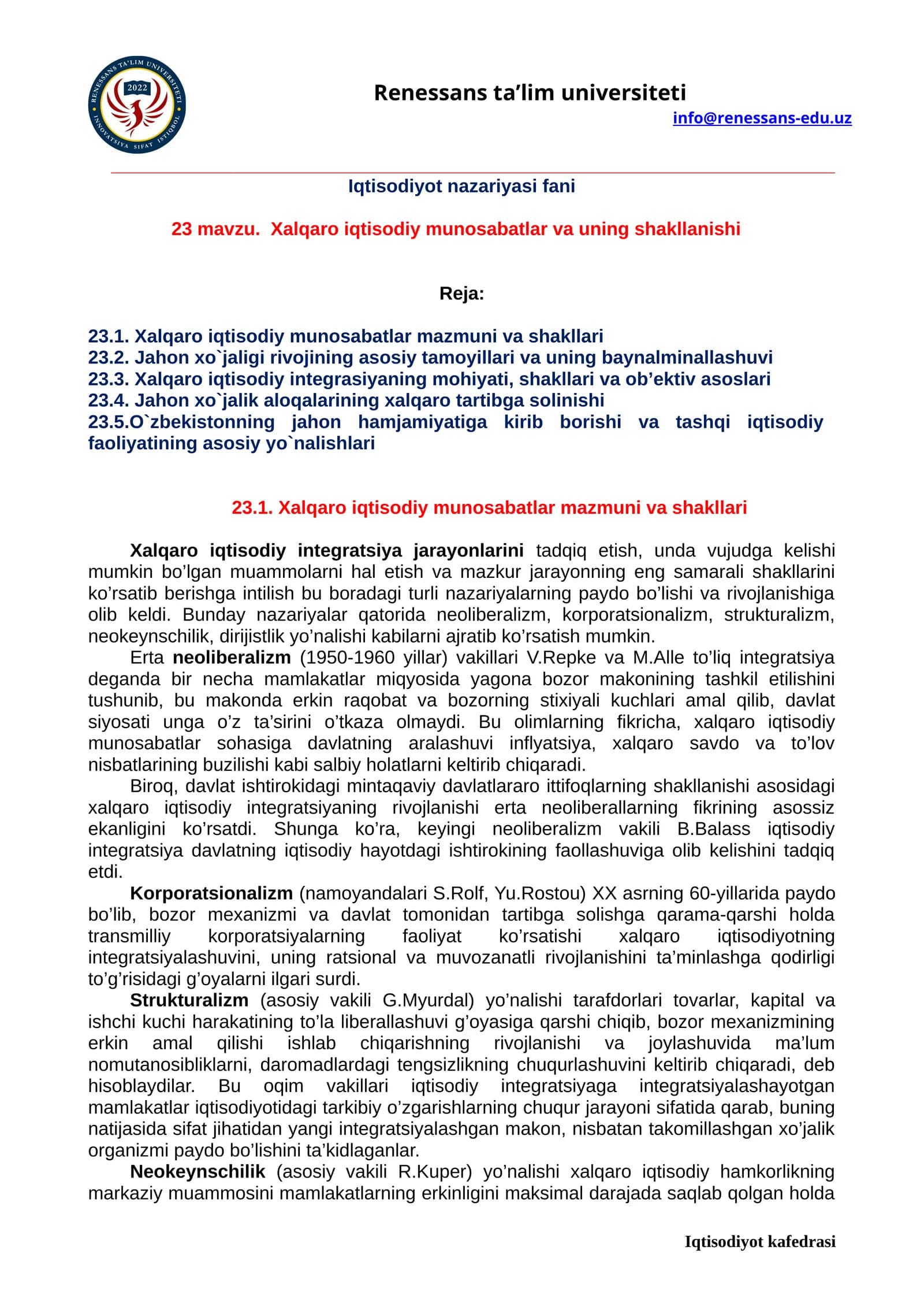 23 mavzu. Xalqaro iqtisodiy munosabatlar va uning shakllanishi