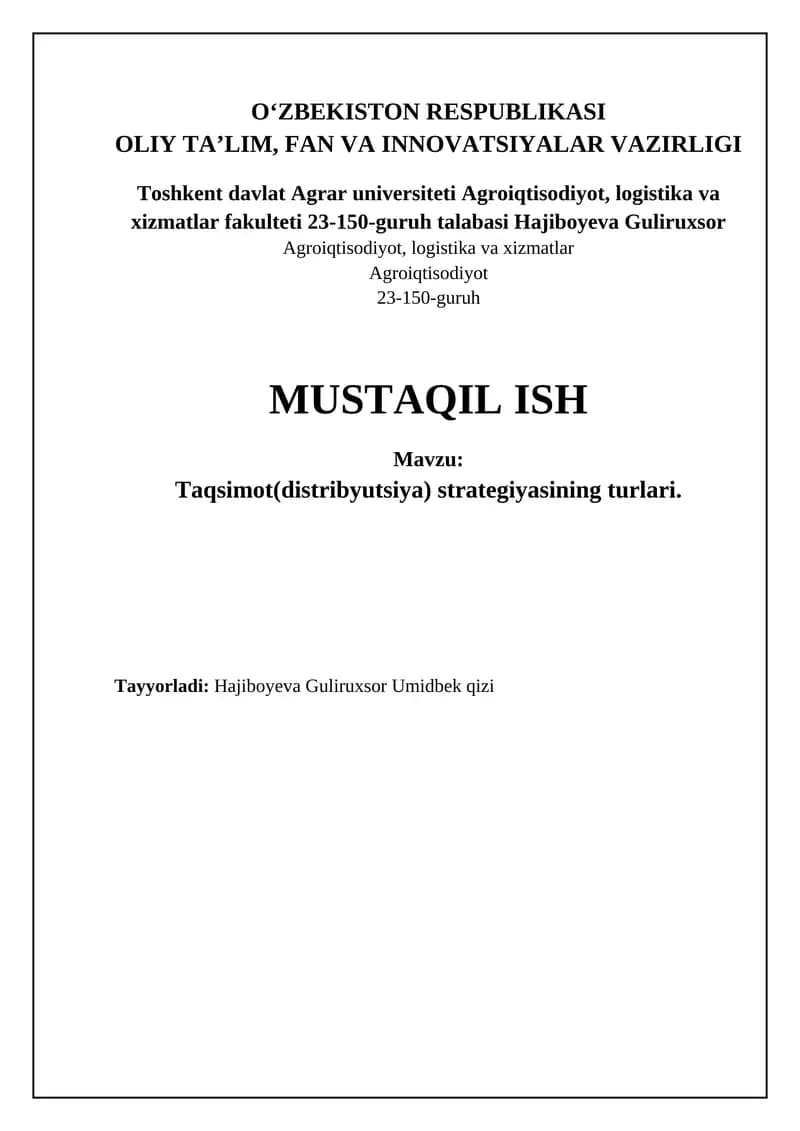 Taqsimot(distribyutsiya) strategiyasining turlari