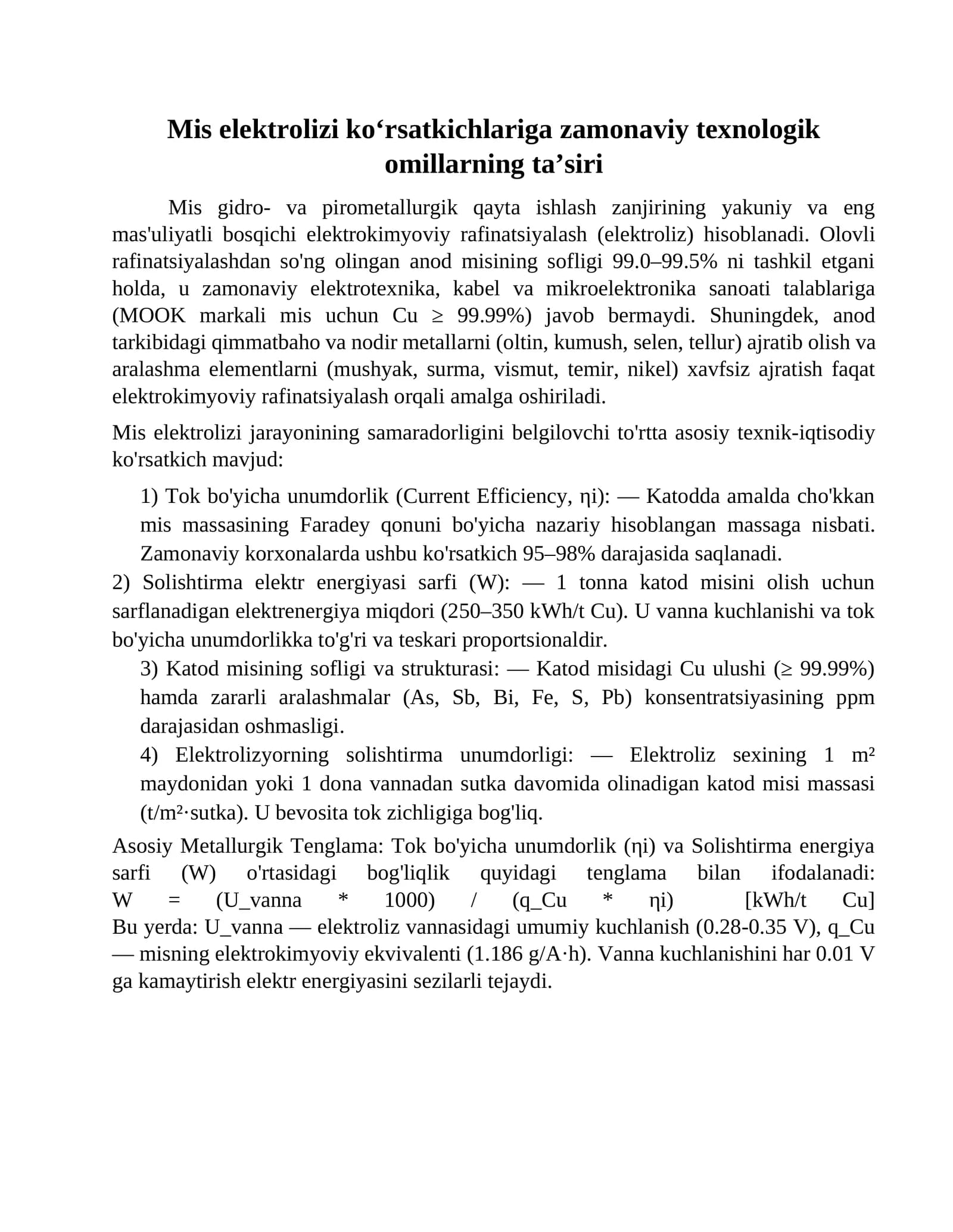 Mis elektrolizi ko‘rsatkichlari