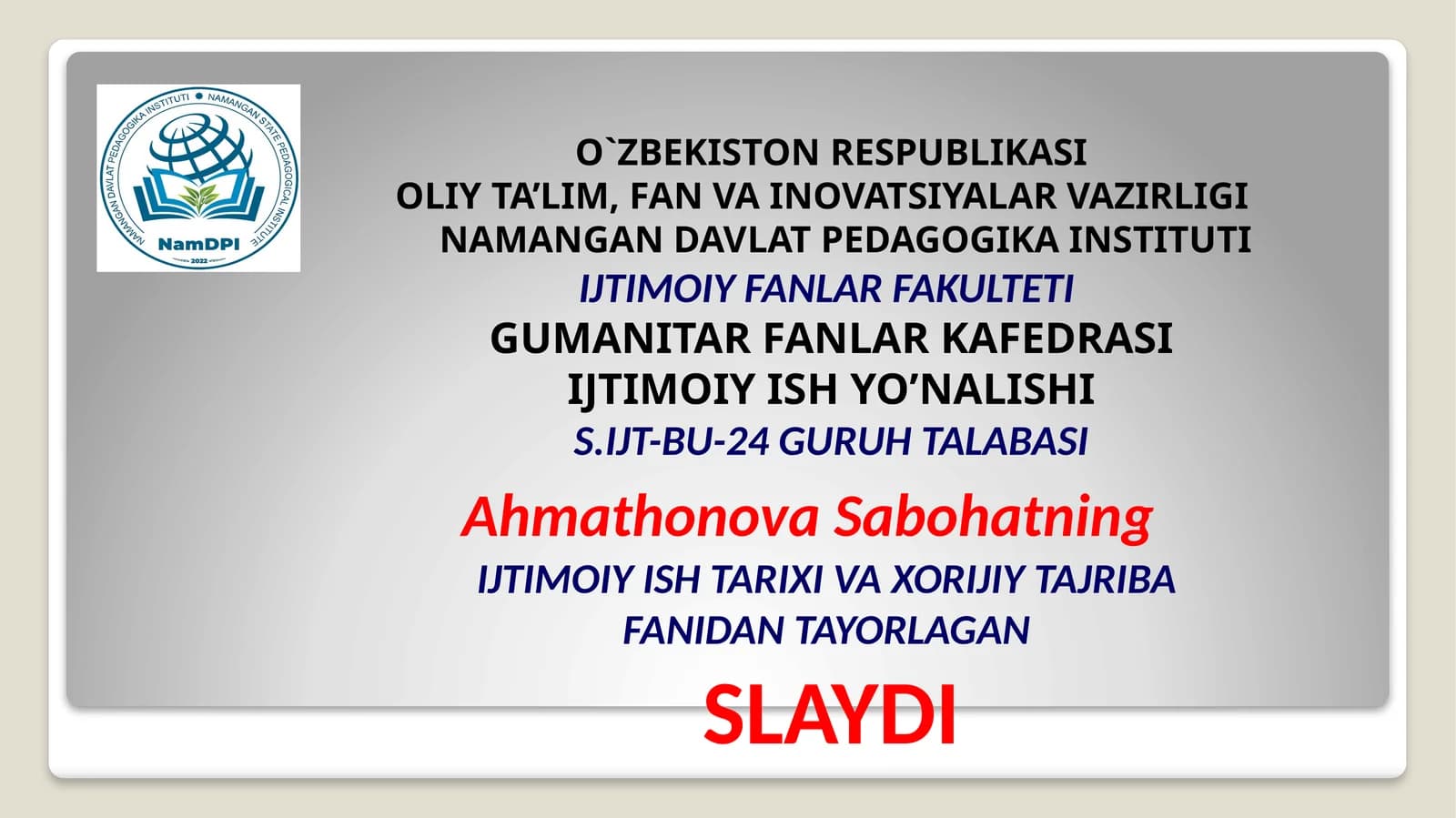 Slayd "Ijtimoiy ishning axloqiy va insonparvarlik xususiyati"