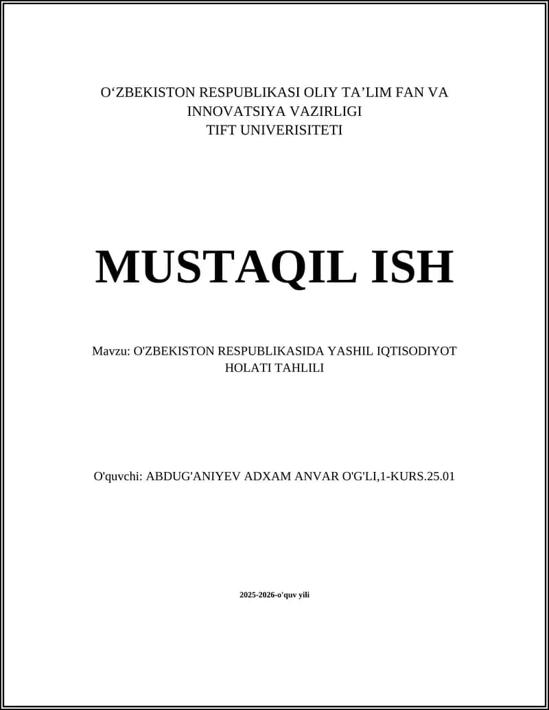O'ZBEKISTON RESPUBLIKASIDA YASHIL IQTISODIYOT HOLATI TAHLILI