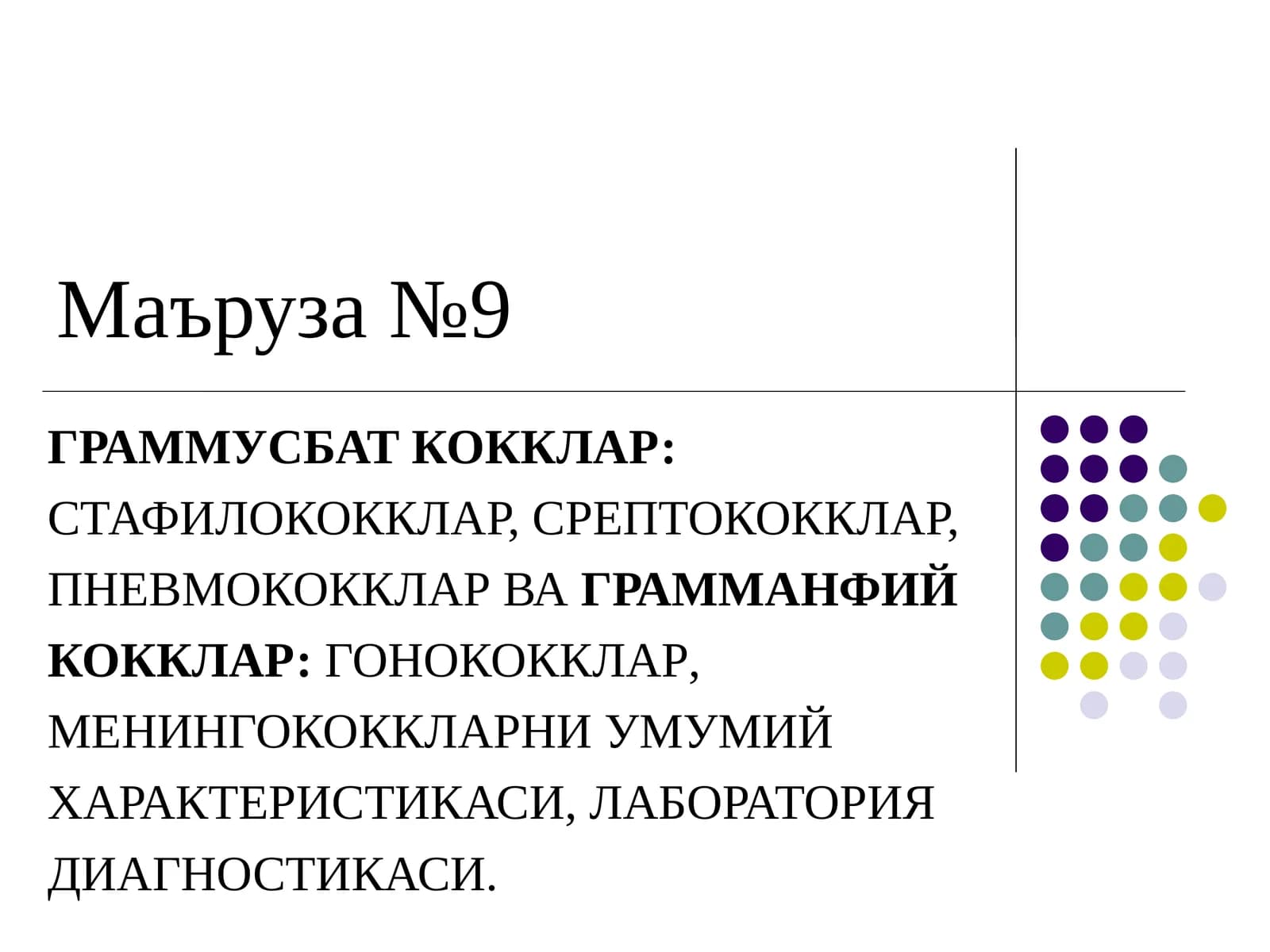 ГРАММУСБАТ КОККЛАР:СТАФИЛОКОККЛАР, СРЕПТОКОККЛАР, ПНЕВМОКОККЛАРВАГРАММАНФИЙКОККЛАР:ГОНОКОККЛАР, МЕНИНГОКОККЛАРНИ УМУМИЙ ХАРАКТЕРИСТИКАСИ, ЛАБОРАТОРИЯ ДИАГНОСТИКАСИ