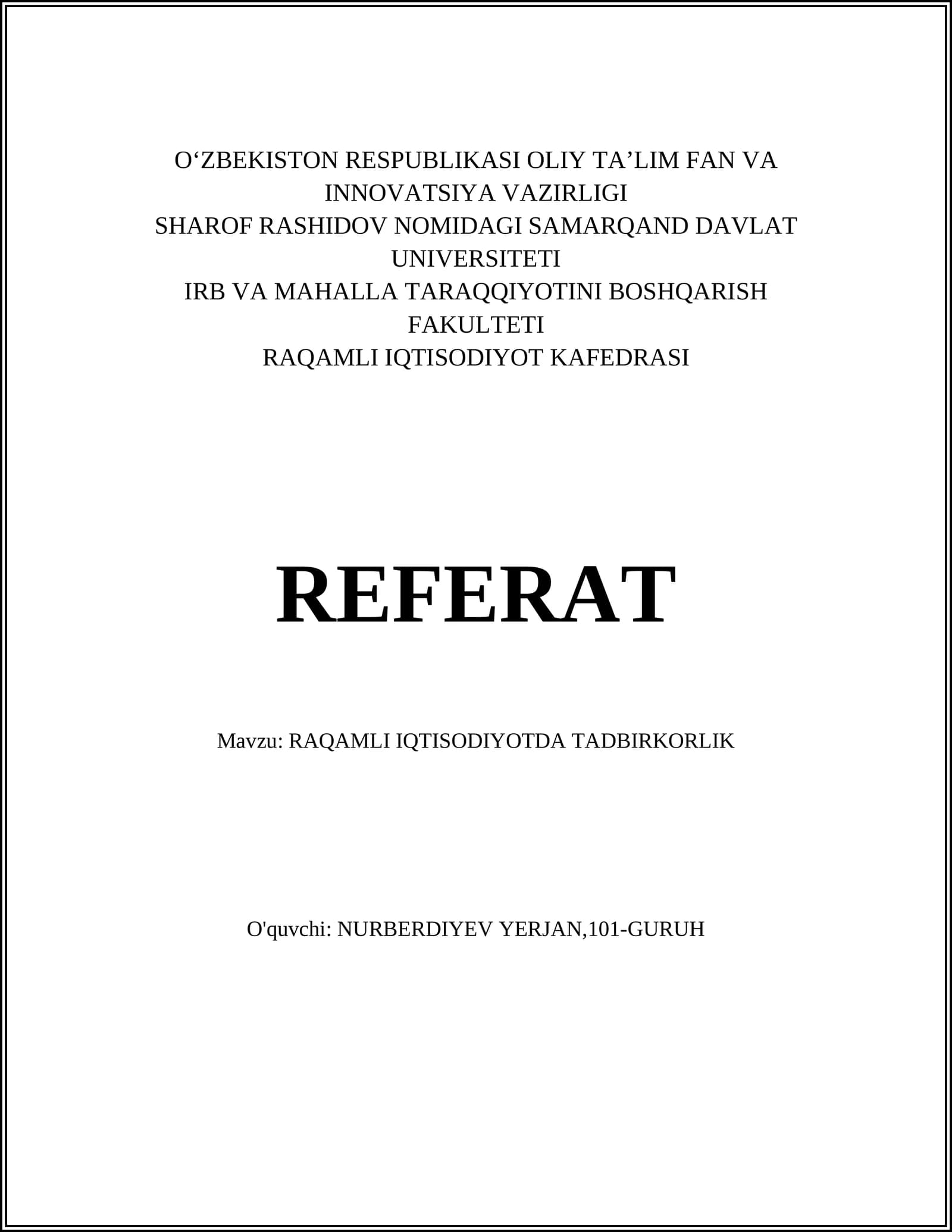RAQAMLI IQTISODIYOTDA TADBIRKORLIK