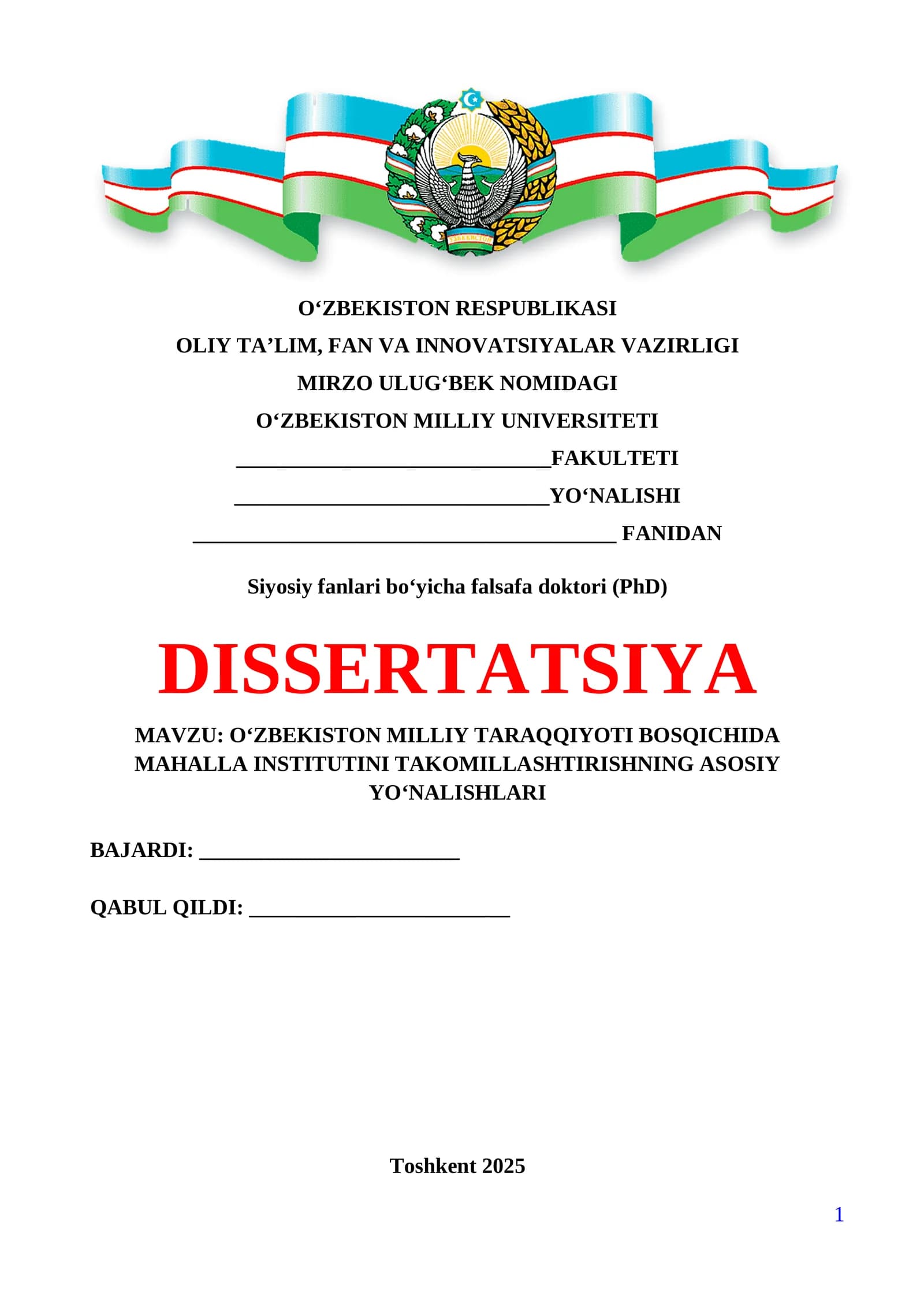 OʻZBEKISTON MILLIY TARAQQIYOTI BOSQICHIDA MAHALLA INSTITUTINI TAKOMILLASHTIRISHNING ASOSIY YOʻNALISHLARI