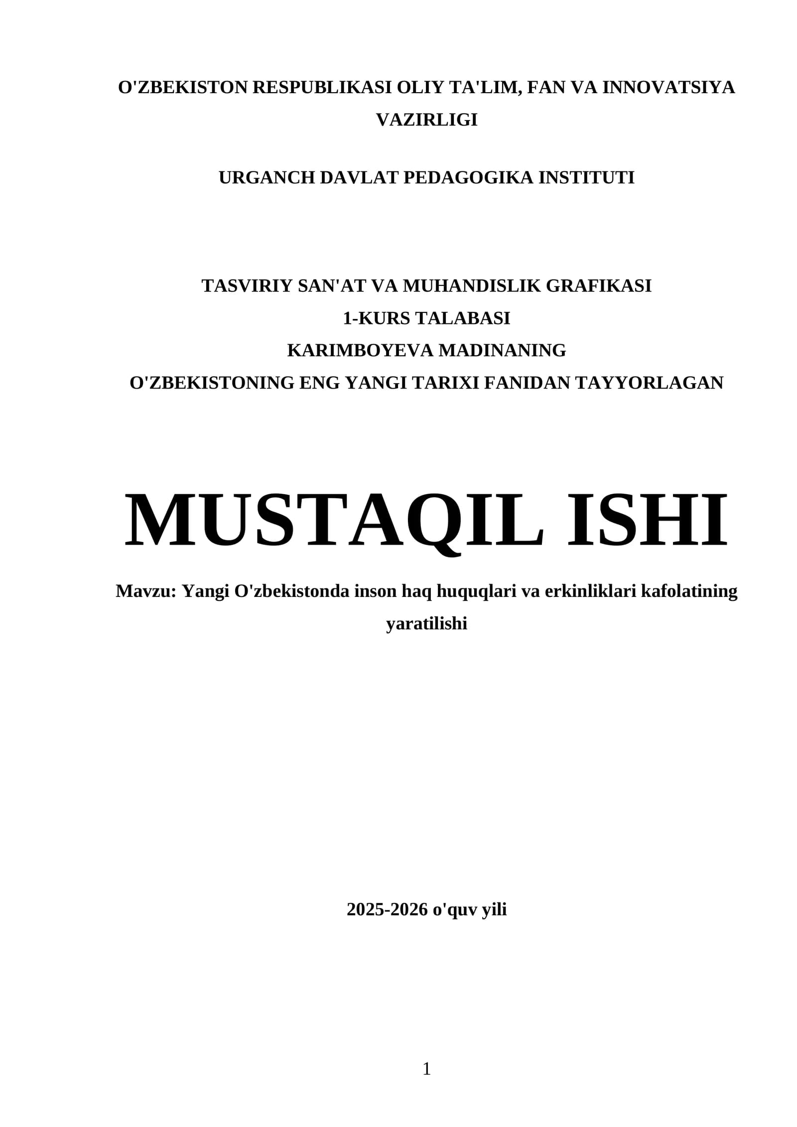TASVIRIY SAN'AT VA MUHANDISLIK GRAFIKASI 1-KURS TALABASI