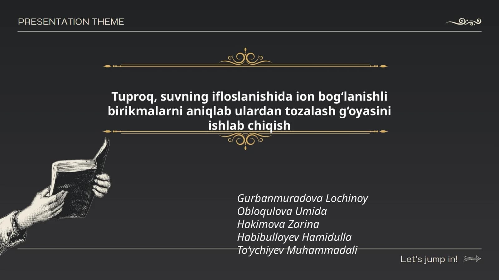 Tuproq, suvning ifloslanishida ion bog‘lanishli birikmalarni aniqlab ulardan tozalash g‘oyasini ishlab chiqish