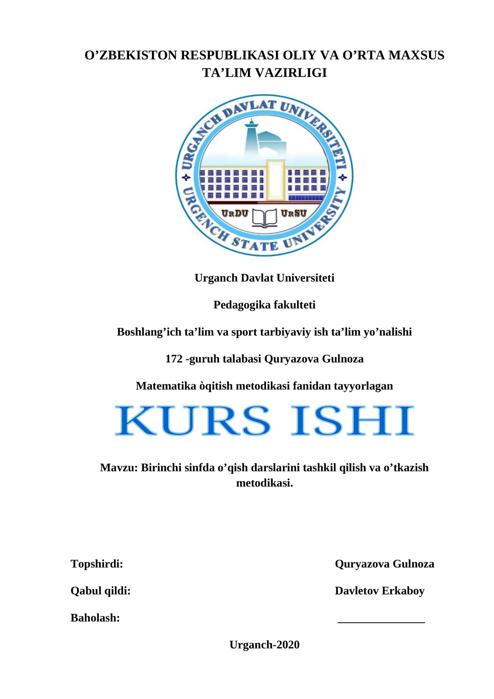 Birinchi sinfda o’qish darslarini tashkil qilish va o’tkazish metodikasi