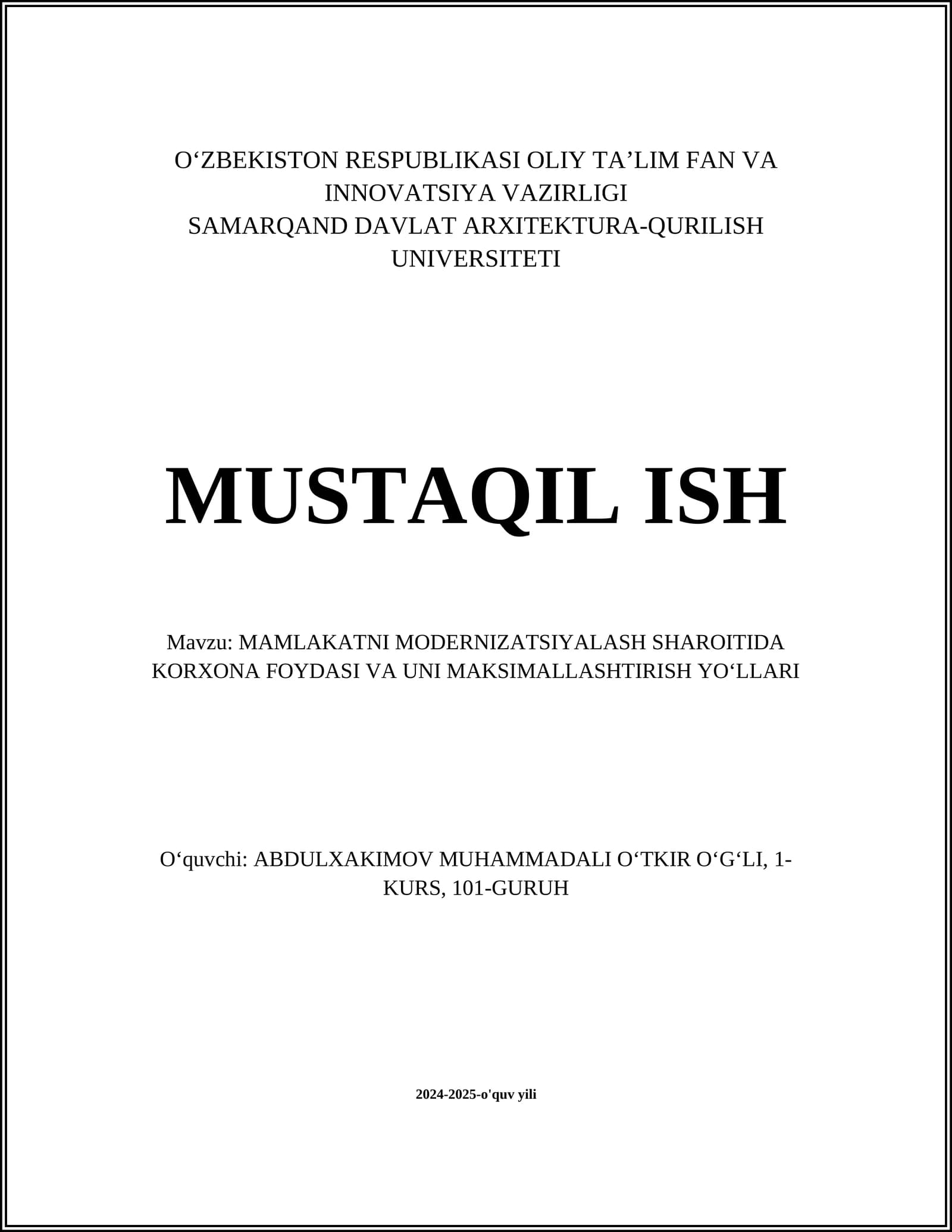 Mamlakatni modernizatsiyalash sharoitida korxona foydasi va uni maksimallashtirish yoʻllari