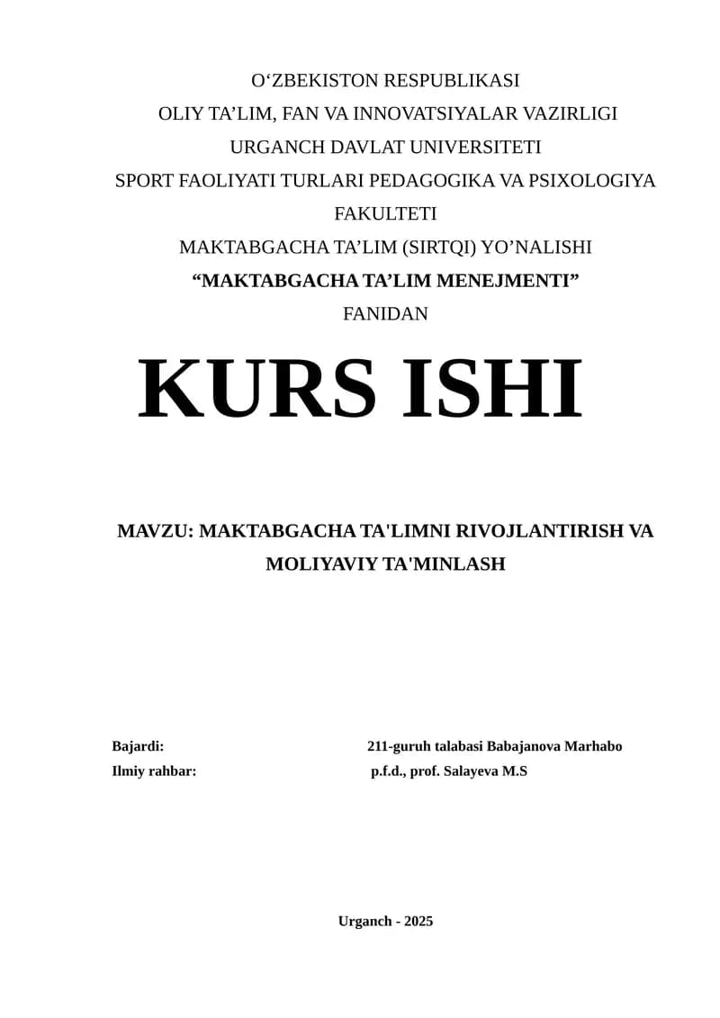 MAKTABGACHA TA'LIM MENEJMENTI