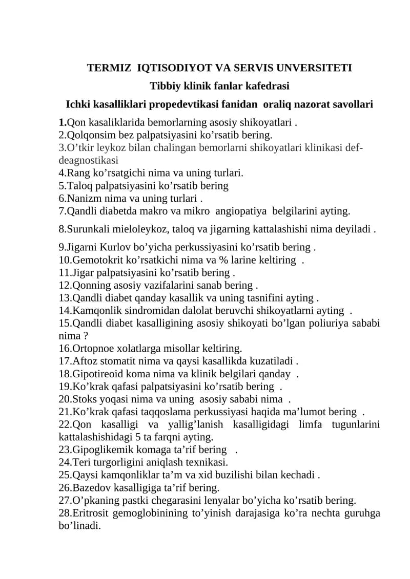 Ichki kasalliklari propedevtikasi fanidan oraliq nazorat savollari