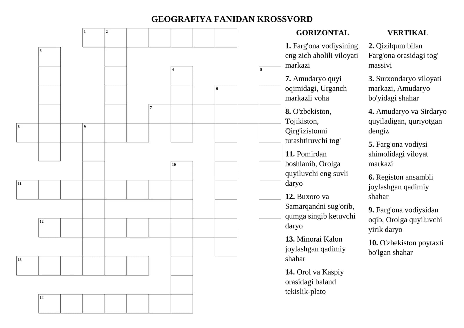 GEOGRAFIYA FANIDAN KROSSVORD