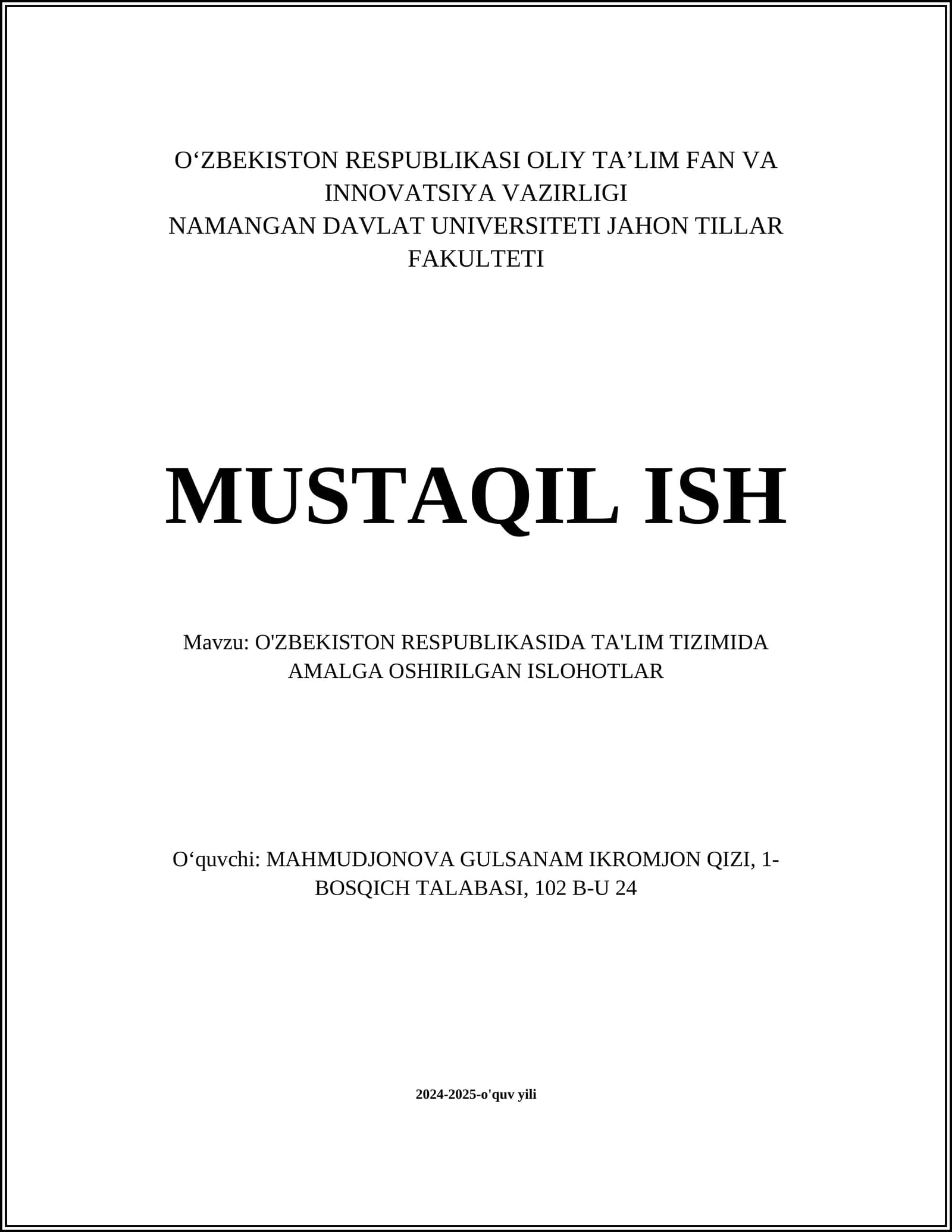 O‘ZBEKISTON RESPUBLIKASI OLIY TA’LIM FAN VA INNOVATSIYA VAZIRLIGI