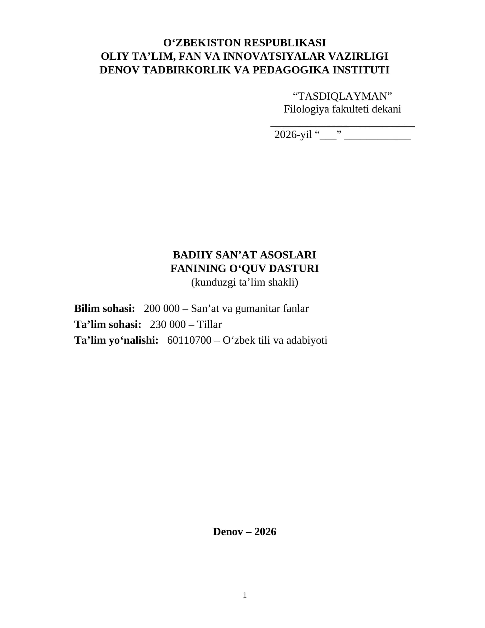 Badiiy san’at asoslari fanidan o‘quv dasturi