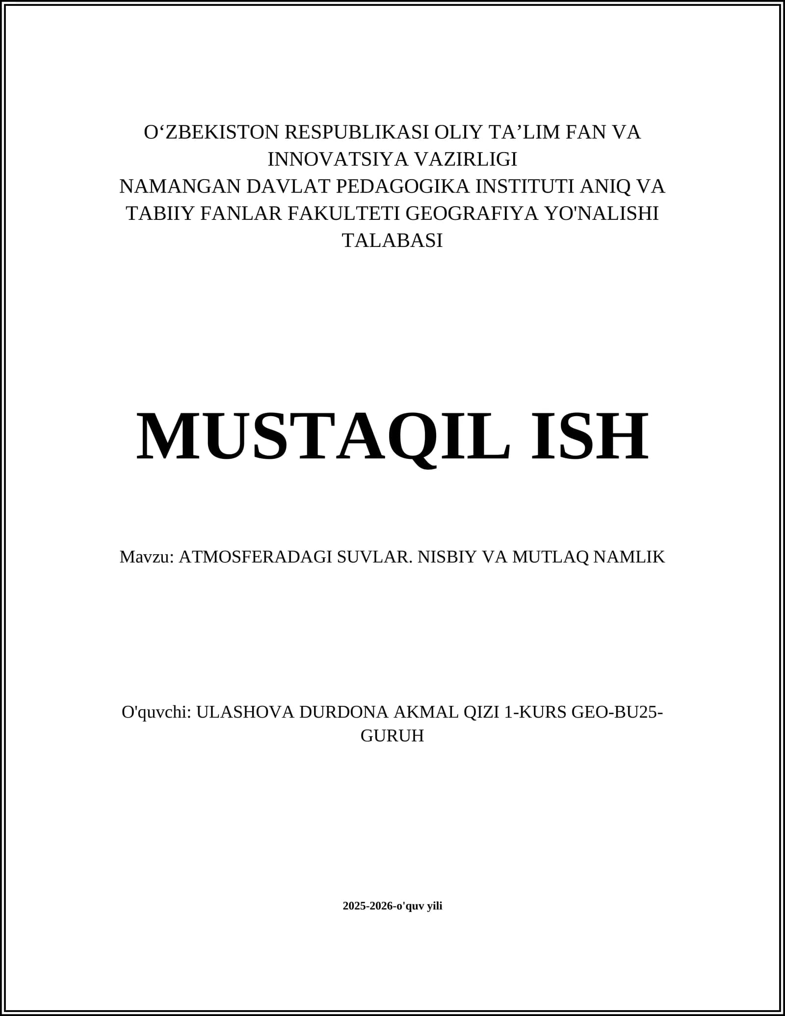 ATMOSFERADAGI SUVLAR. NISBIY VA MUTLAQ NAMLIK