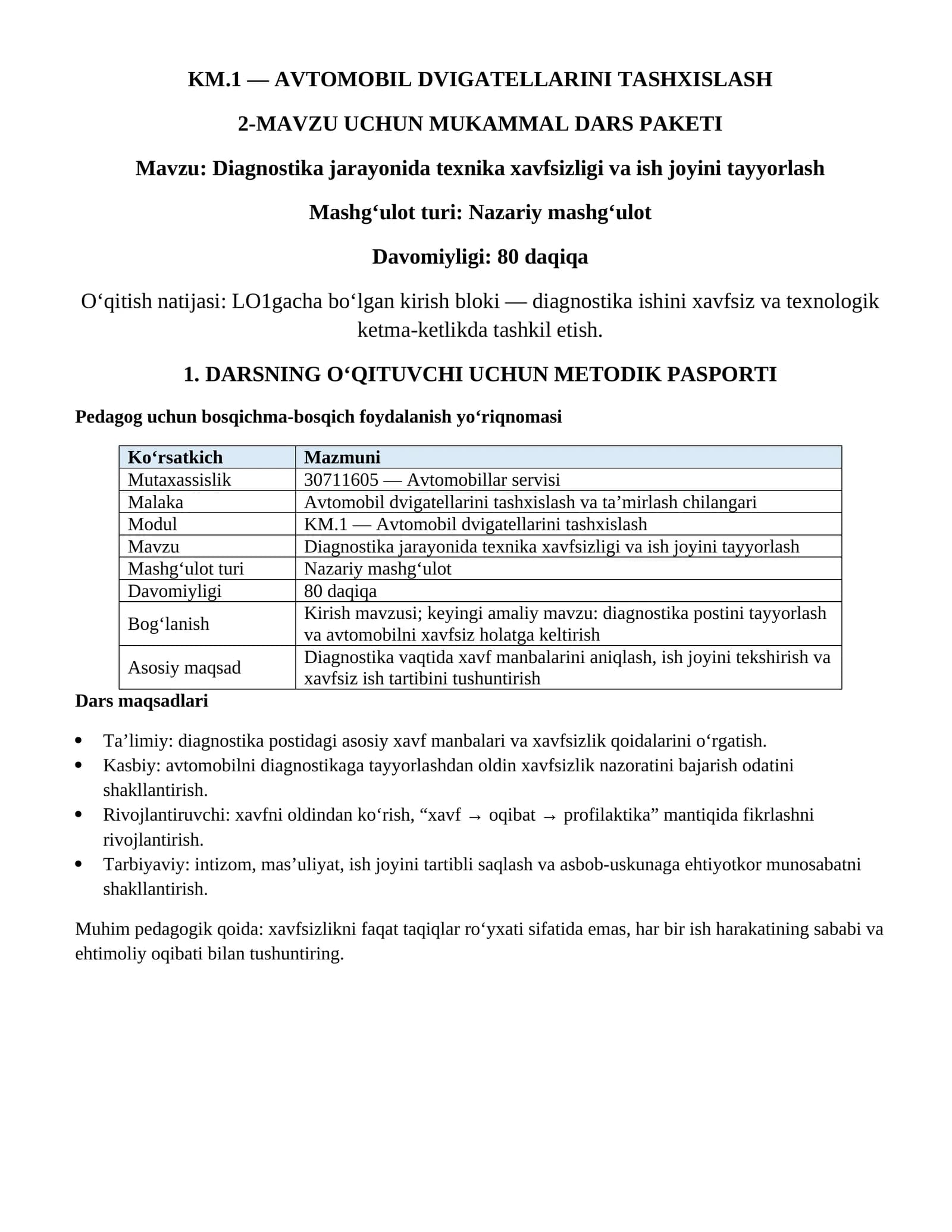 Diagnostika jarayonida texnika xavfsizligi va ish joyini tayyorlash mavzusida dars paketi