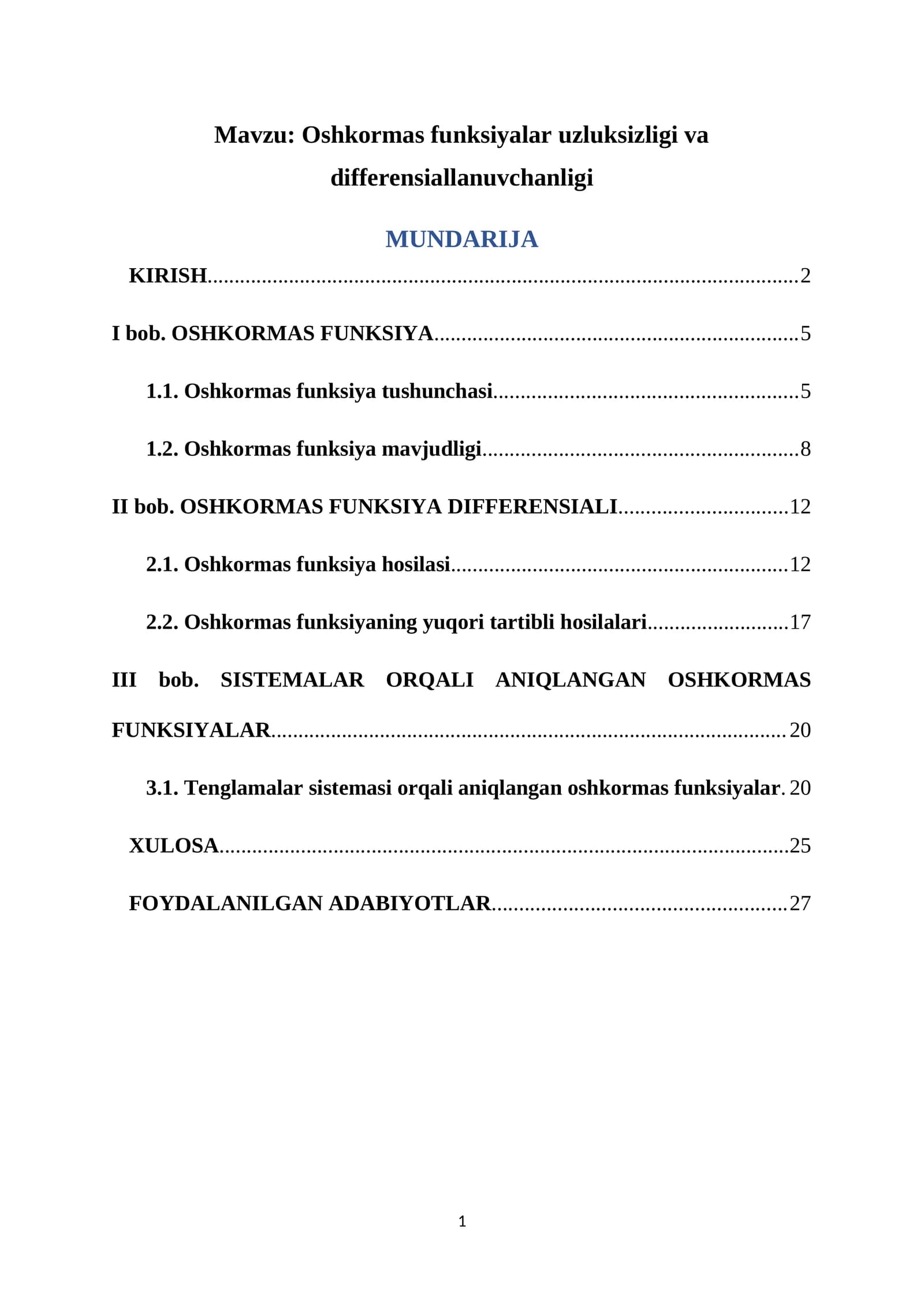 Oshkormas funksiyalar uzluksizligi va differensiallanuvchanligi