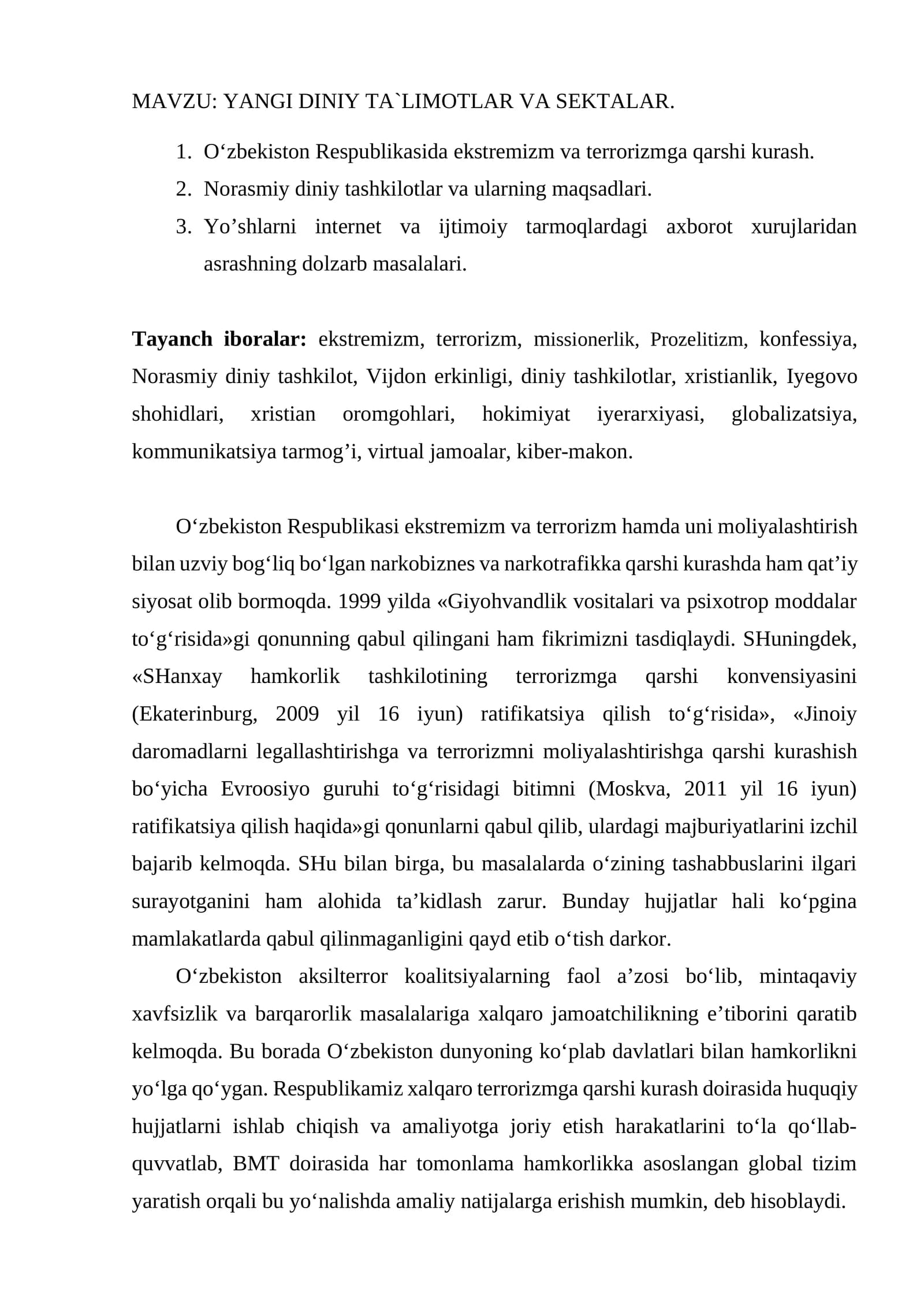 YANGI DINIY TA`LIMOTLAR VA SEKTALAR