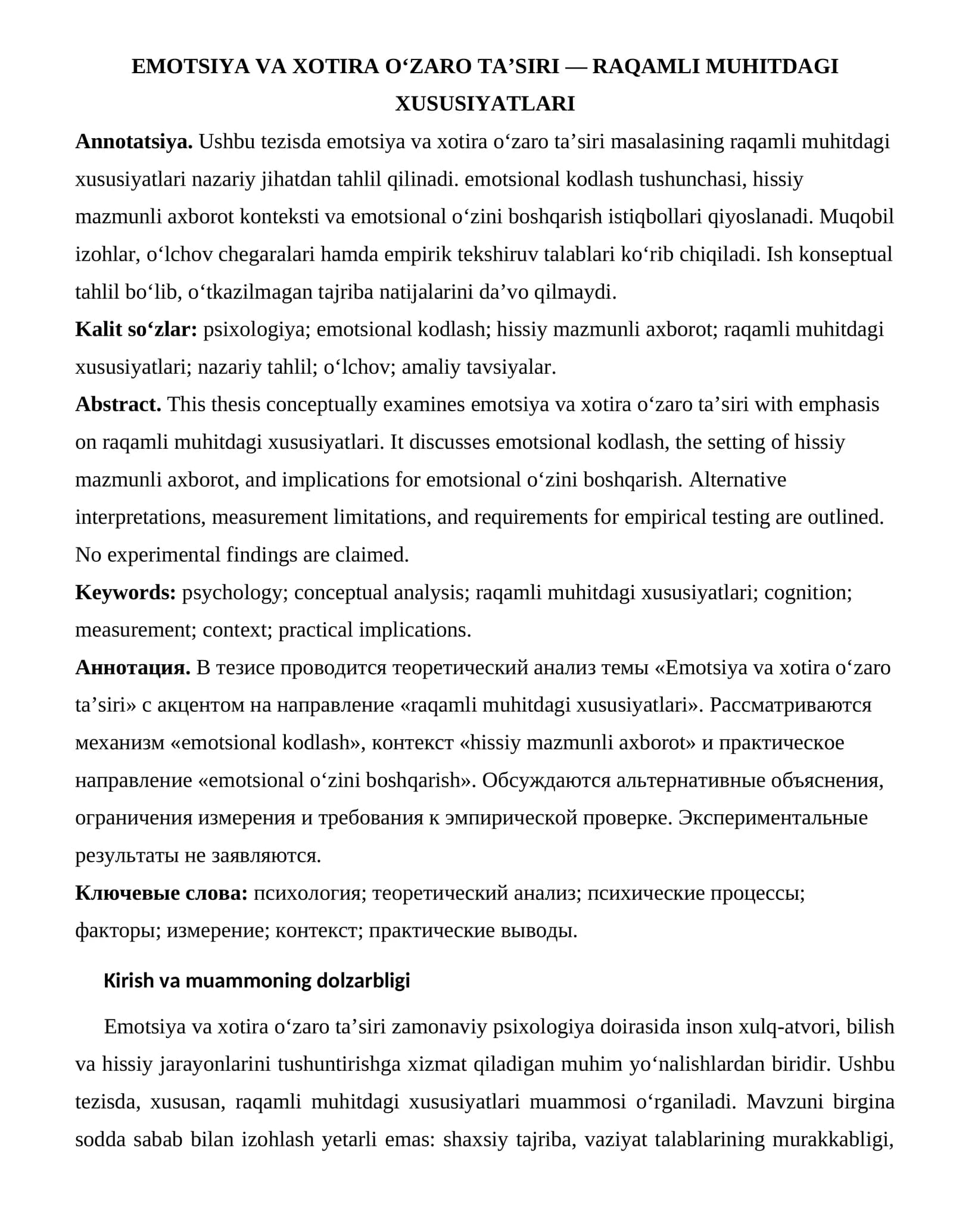 EMOTSIYA VA XOTIRA O‘ZARO TA’SIRI — RAQAMLI MUHITDAGI XUSUSIYATLARI