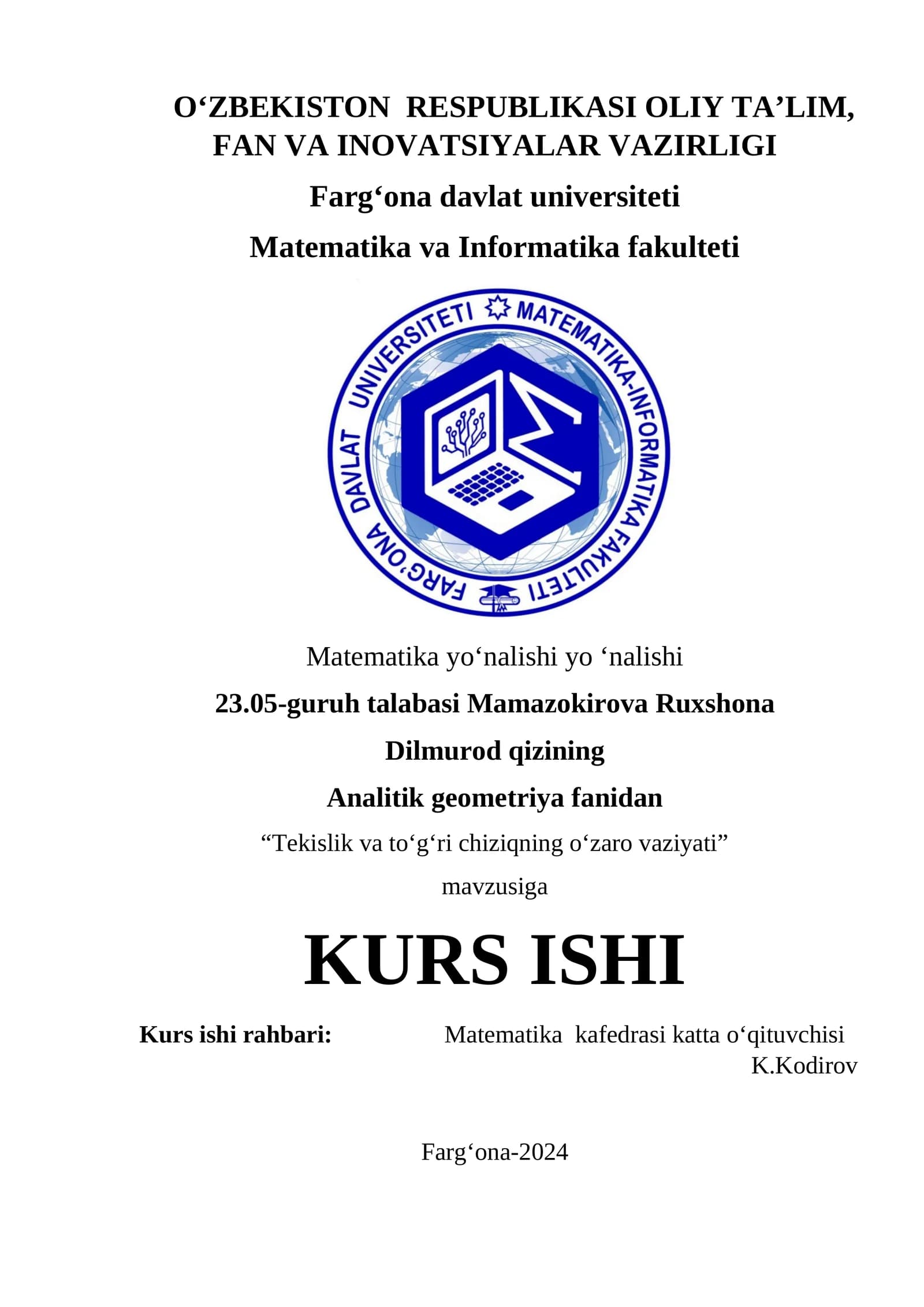 Tekislik va to‘g‘ri chiziqning o‘zaro vaziyati