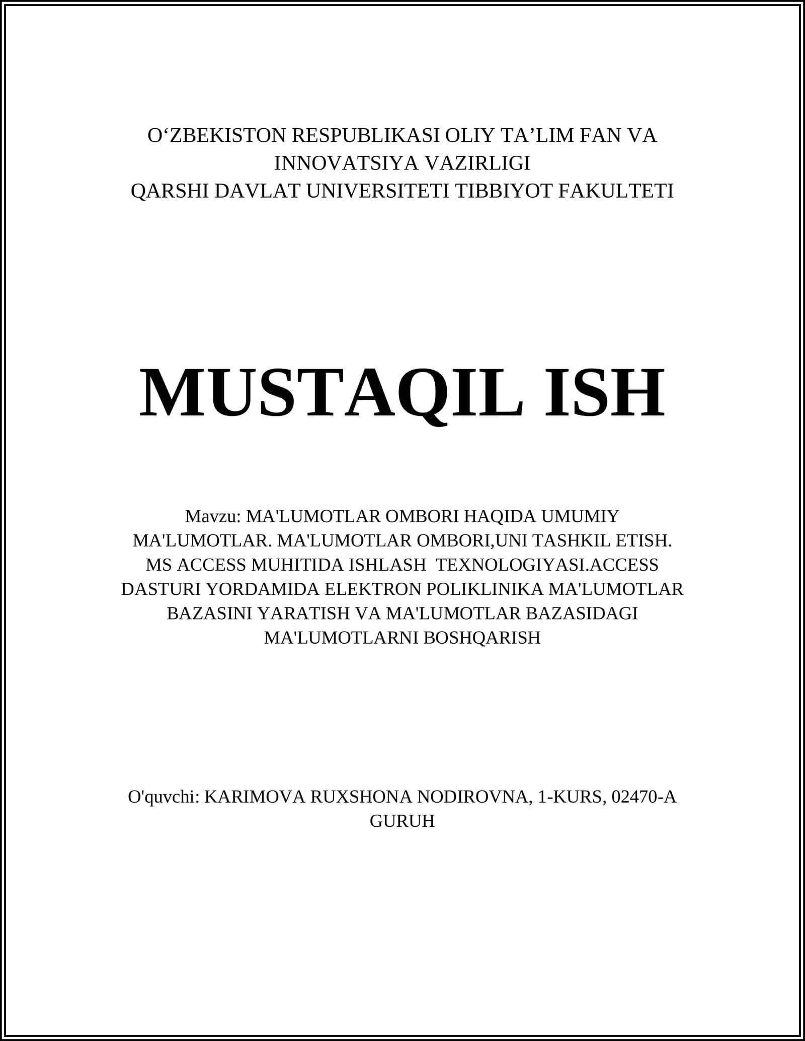 MA'LUMOTLAR OMBORI HAQIDA UMUMIY MA'LUMOTLAR